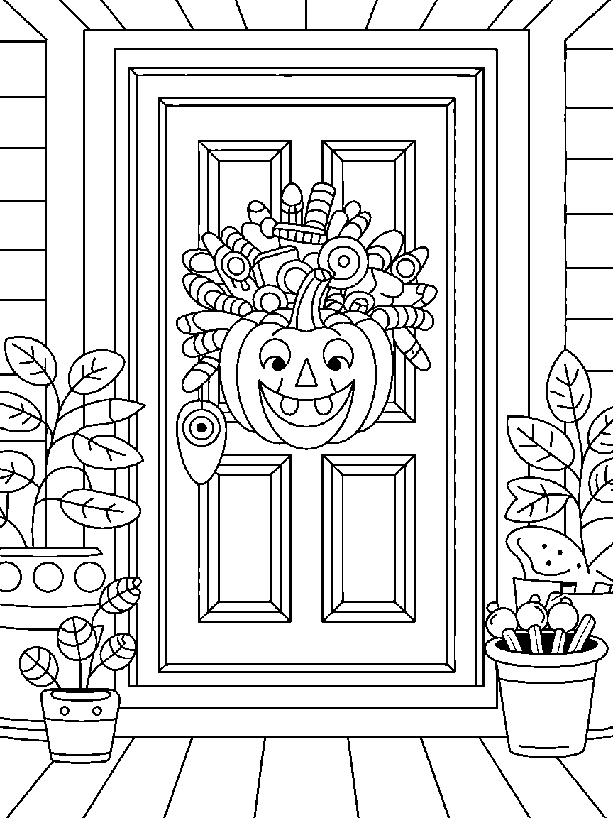 A front door with a carved pumpkin and a big bowl of sweets - a free printable halloween coloring page