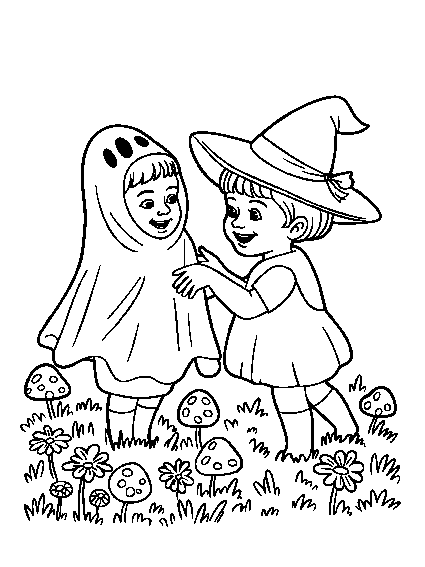 Two children in a ghost sheet and a witch hat - a free printable halloween coloring page