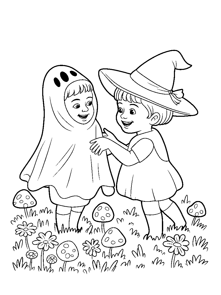 Two children in a ghost sheet and a witch hat - a free printable halloween coloring page