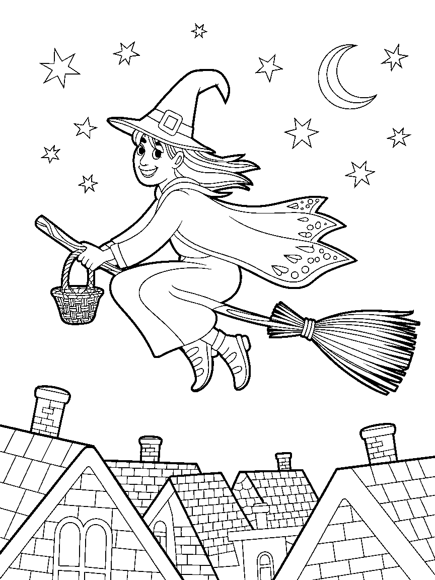A witch on a thick broomstick above the rooftops - a free printable halloween coloring page