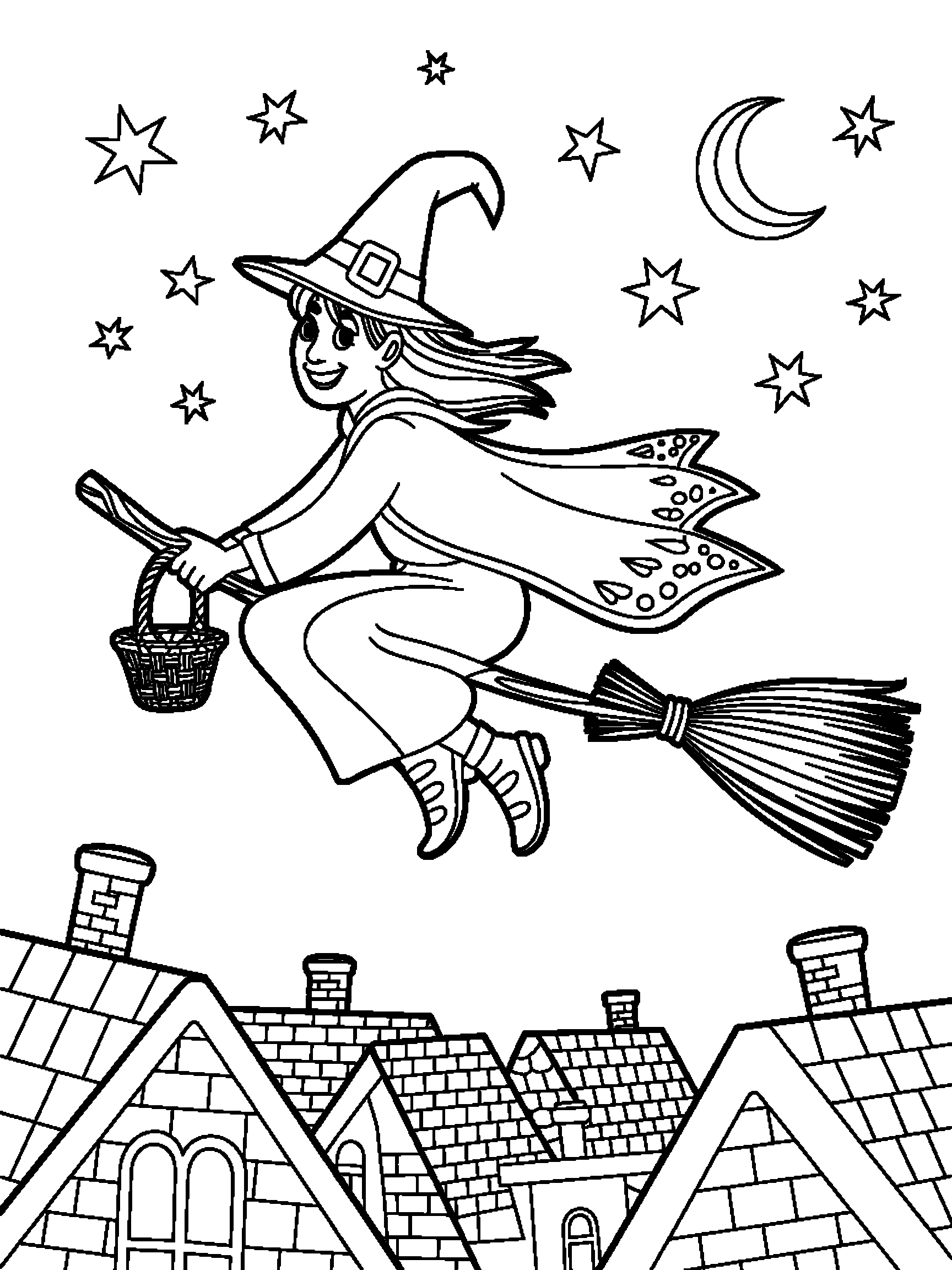 A witch on a thick broomstick above the rooftops - a free printable halloween coloring page