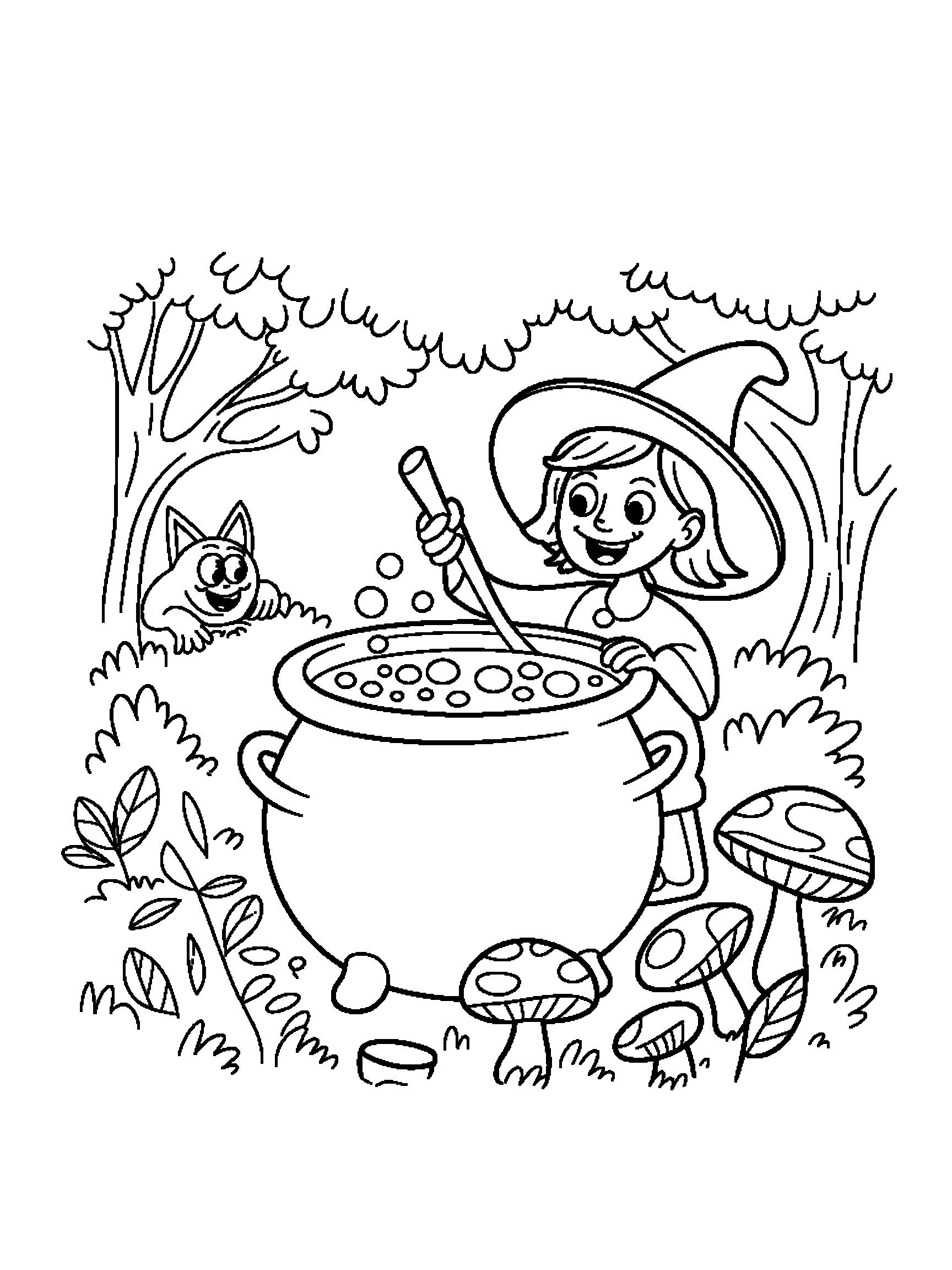 A witch stirring a big bubbling cauldron - a free printable halloween coloring page