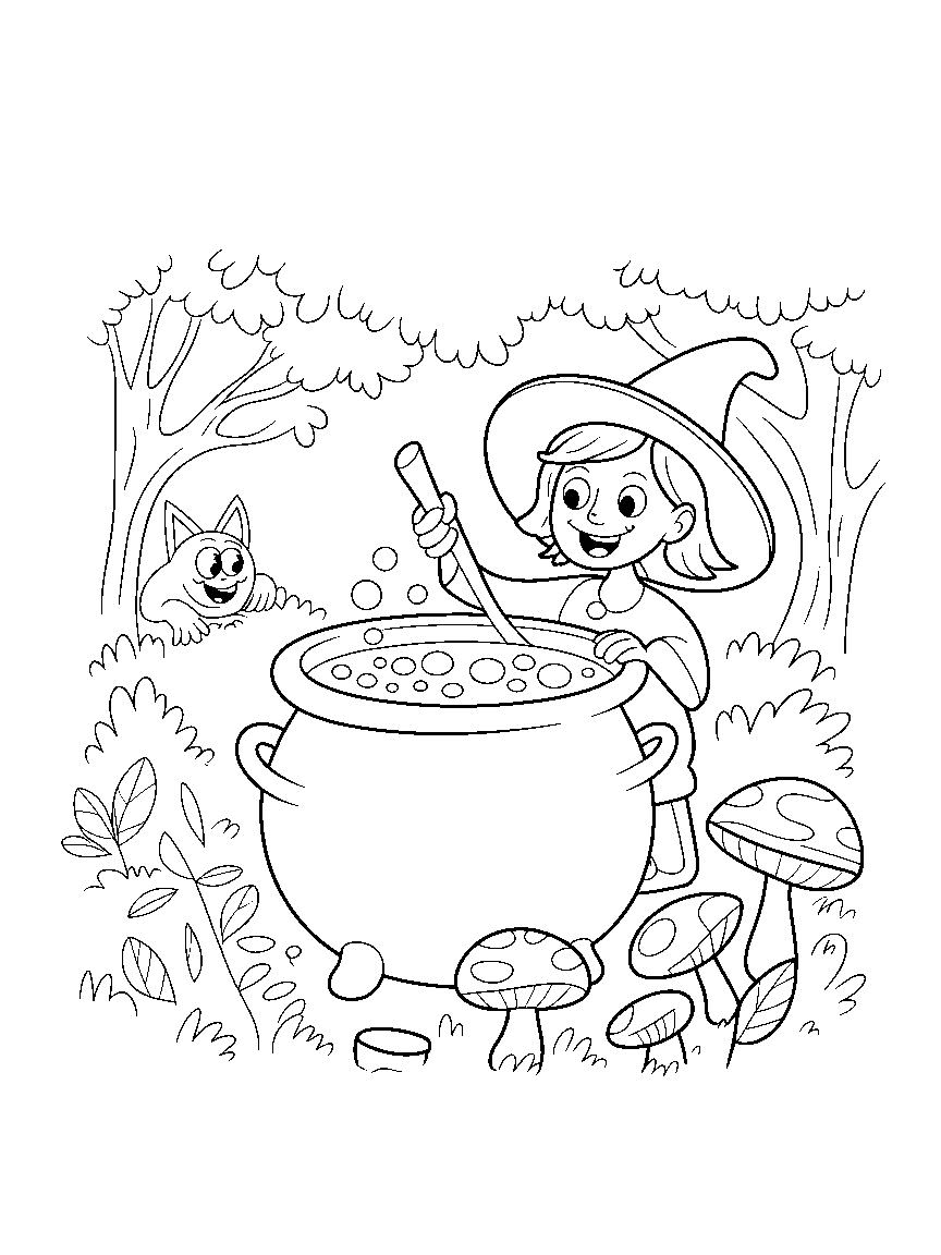 A witch stirring a big bubbling cauldron - a free printable halloween coloring page