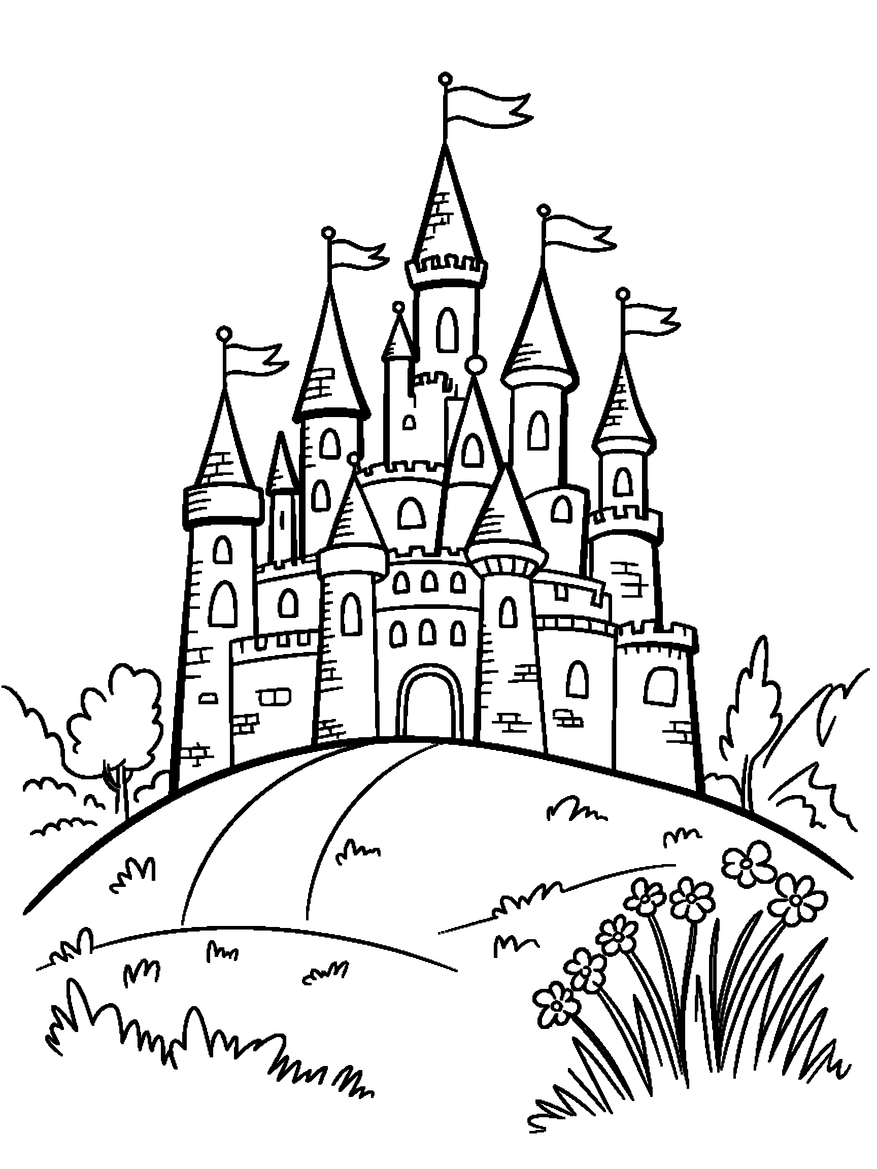 A castle on a hill with flags on every tower - a free printable princess coloring page