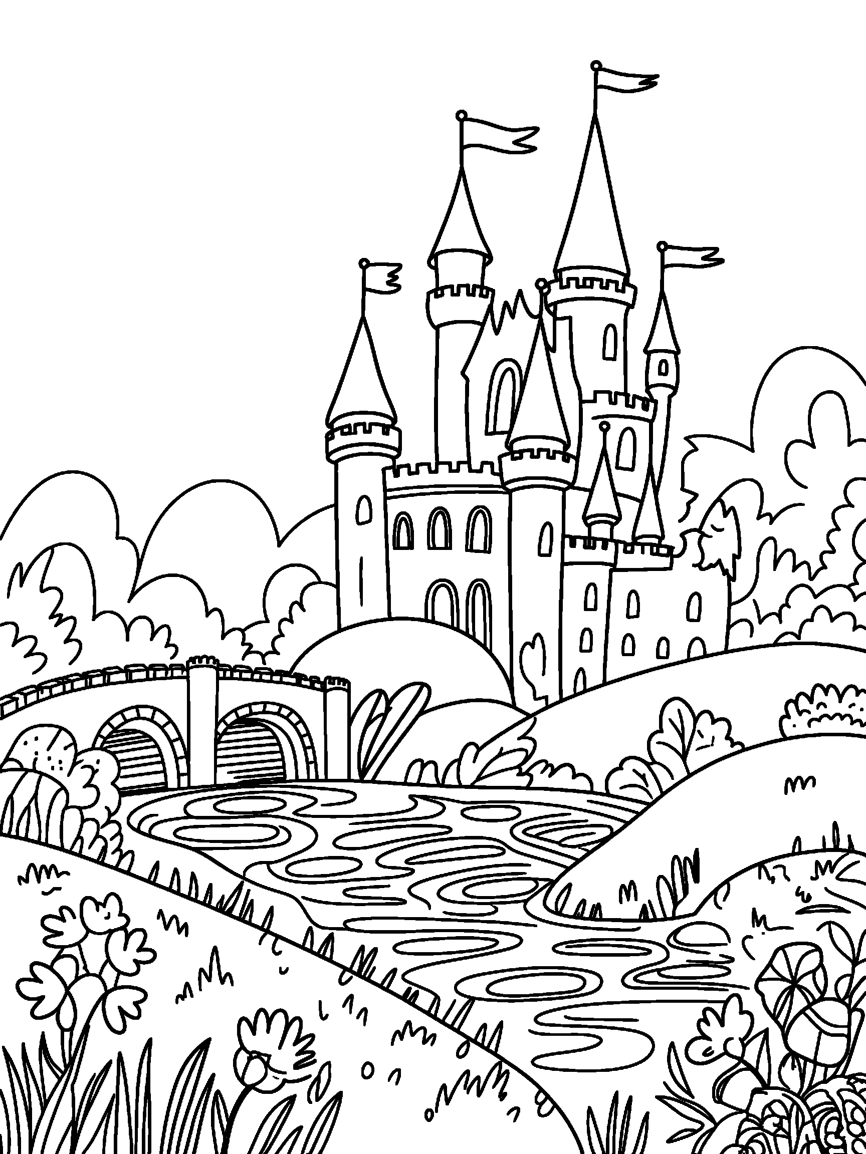 A fairy tale castle with tall towers and flags and a bridge over the moat - a free printable princess coloring page