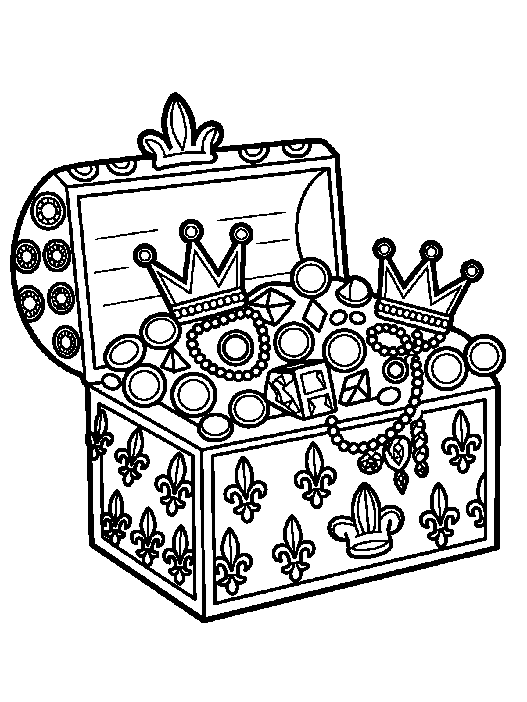 A royal treasure chest with crowns, necklaces and jewels - a free printable princess coloring page