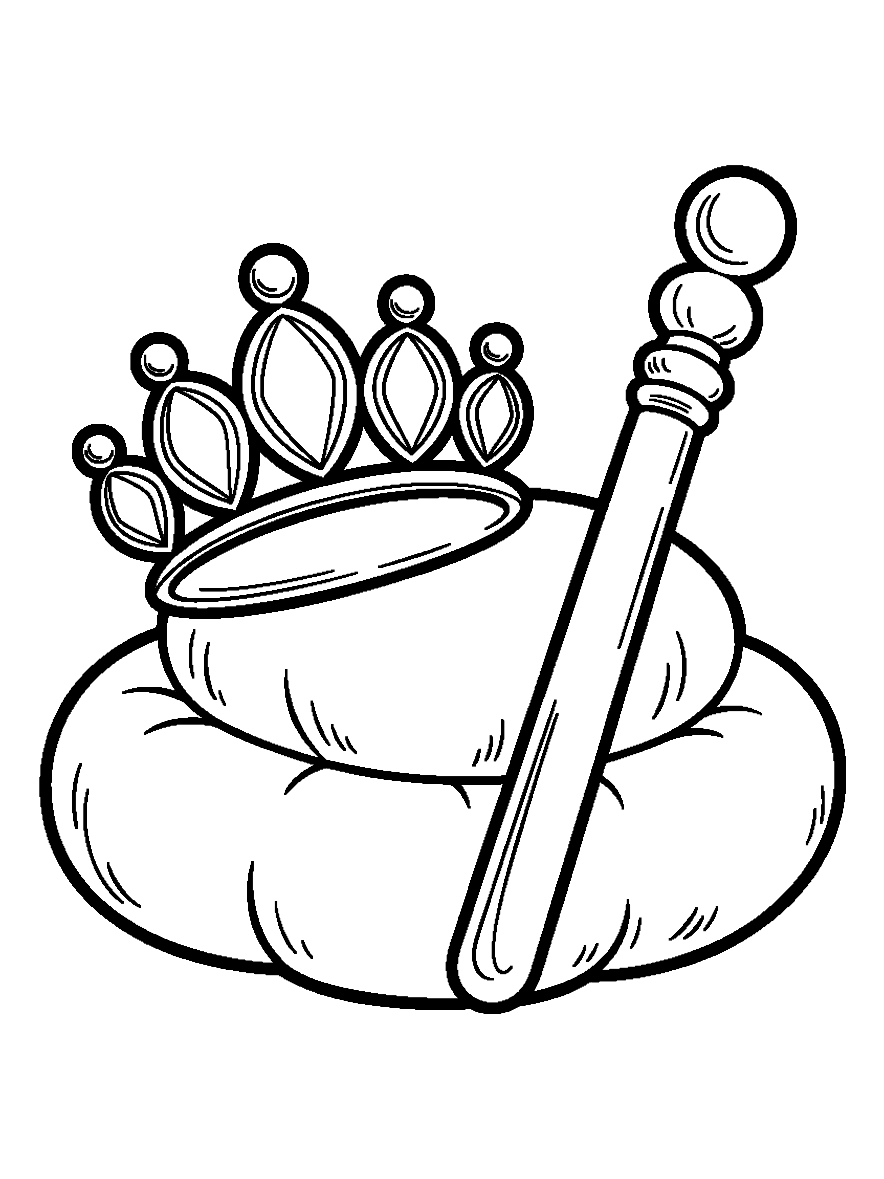 A tiara, a crown and a scepter on a cushion - a free printable princess coloring page