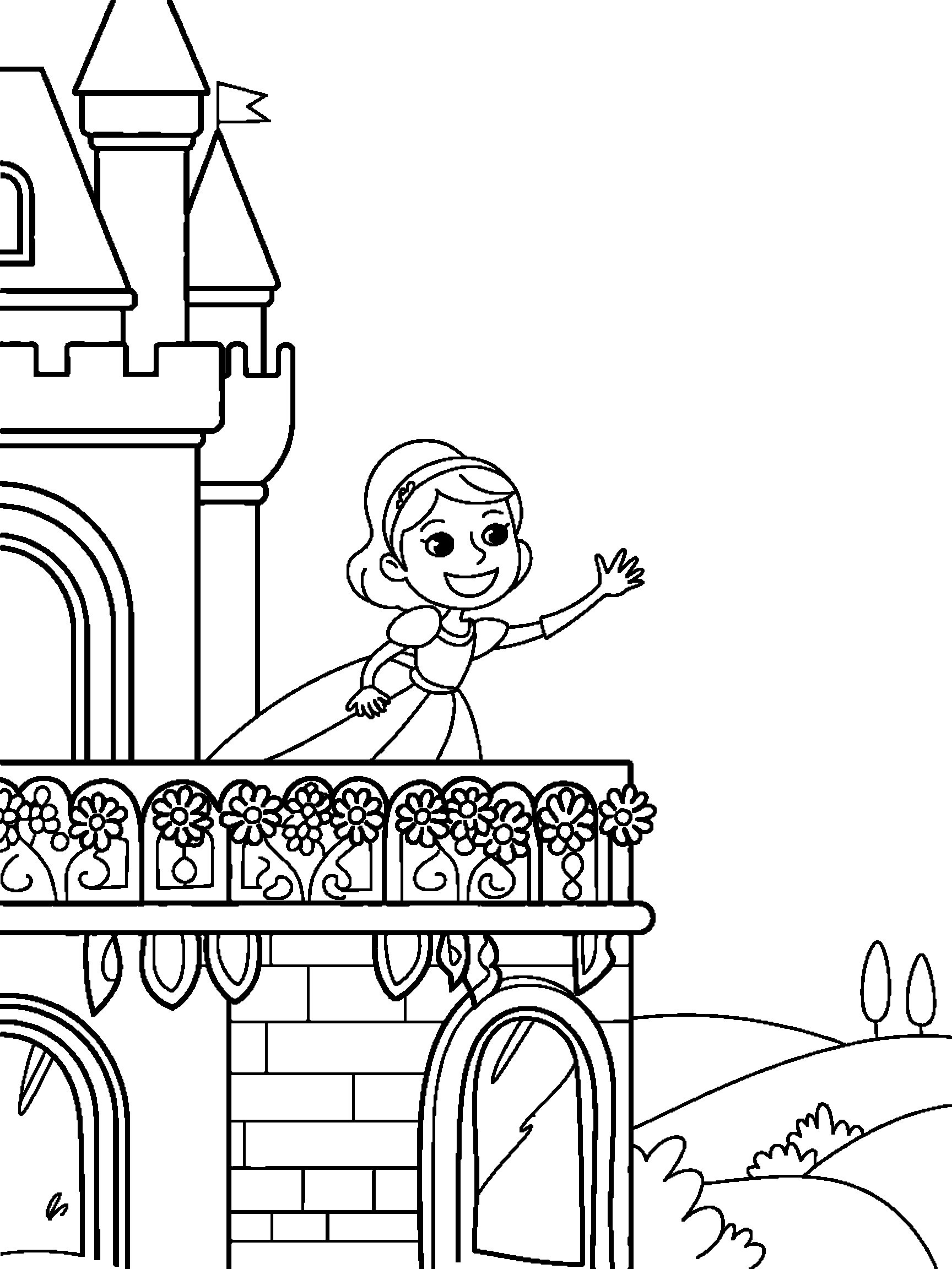 A princess waving from a castle balcony - a free printable princess coloring page