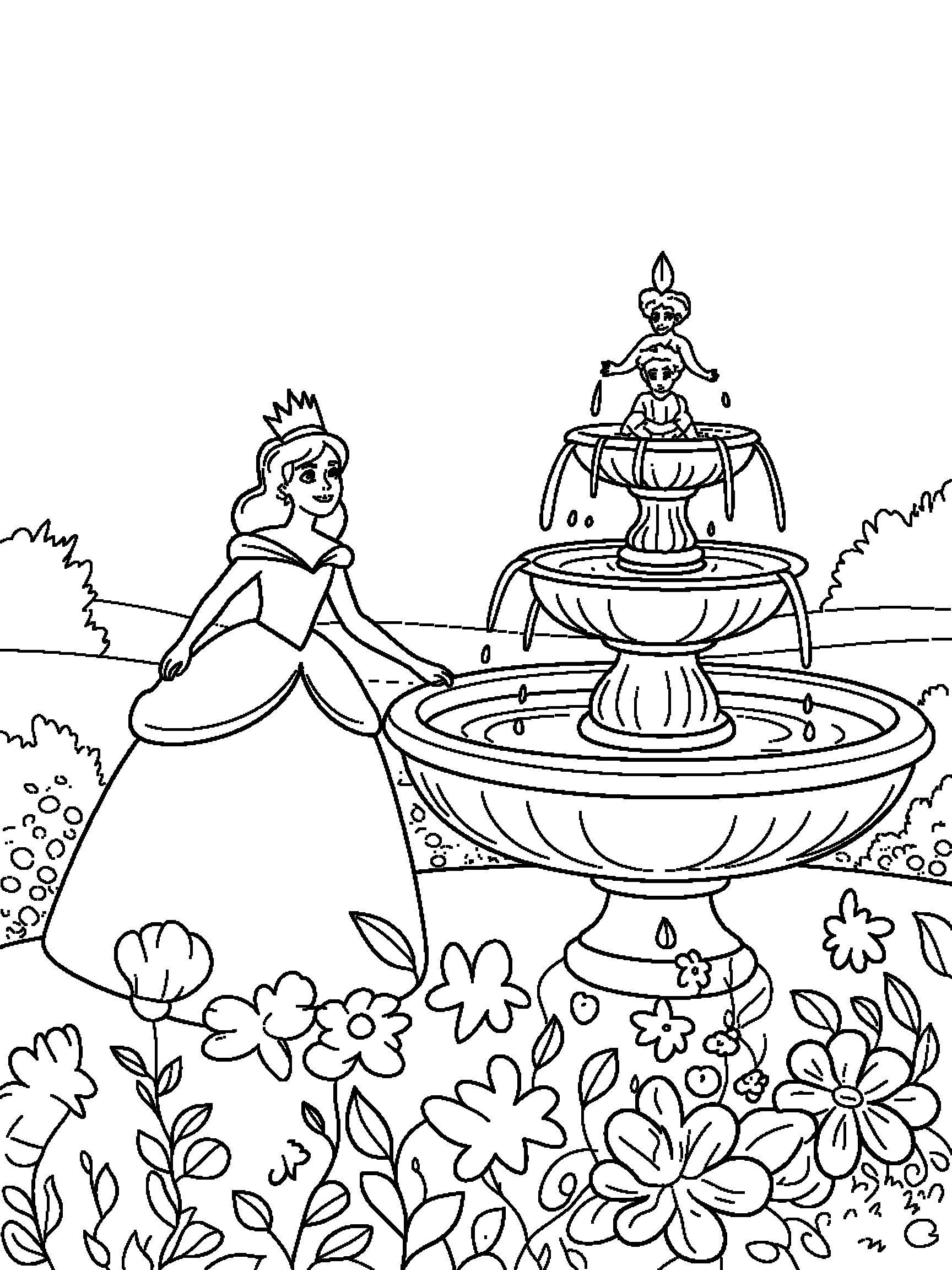 A princess with a crown standing beside a stone fountain - a free printable princess coloring page