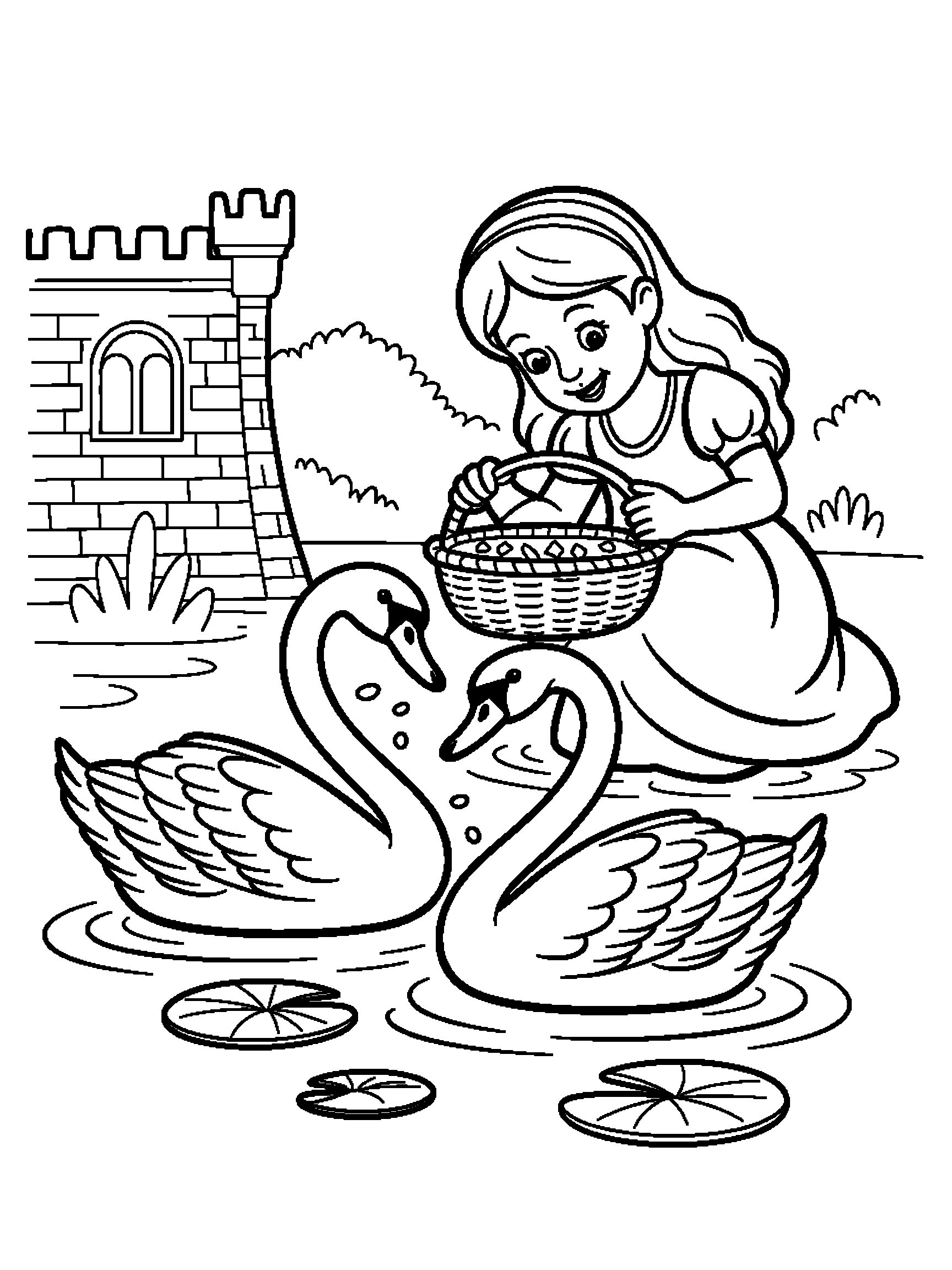 A princess feeding swans at the castle pond - a free printable princess coloring page