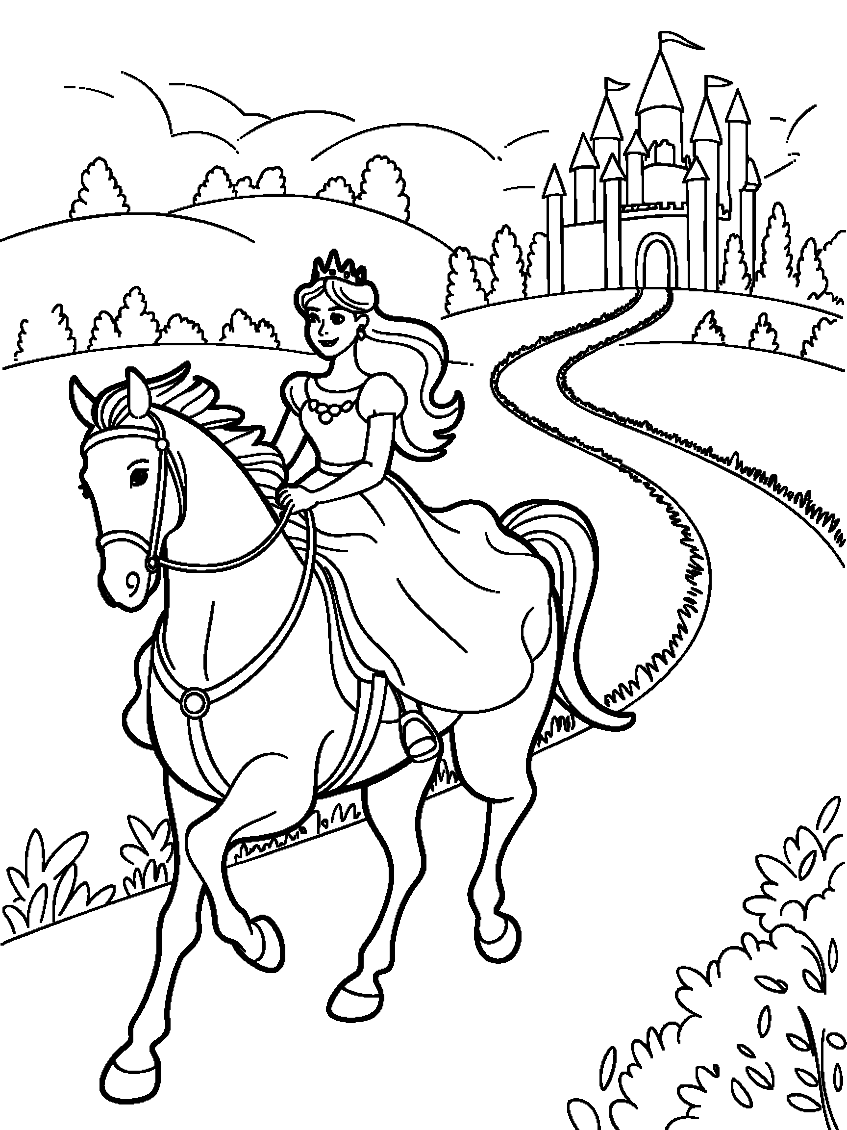 A princess riding a horse along a path to the castle - a free printable princess coloring page