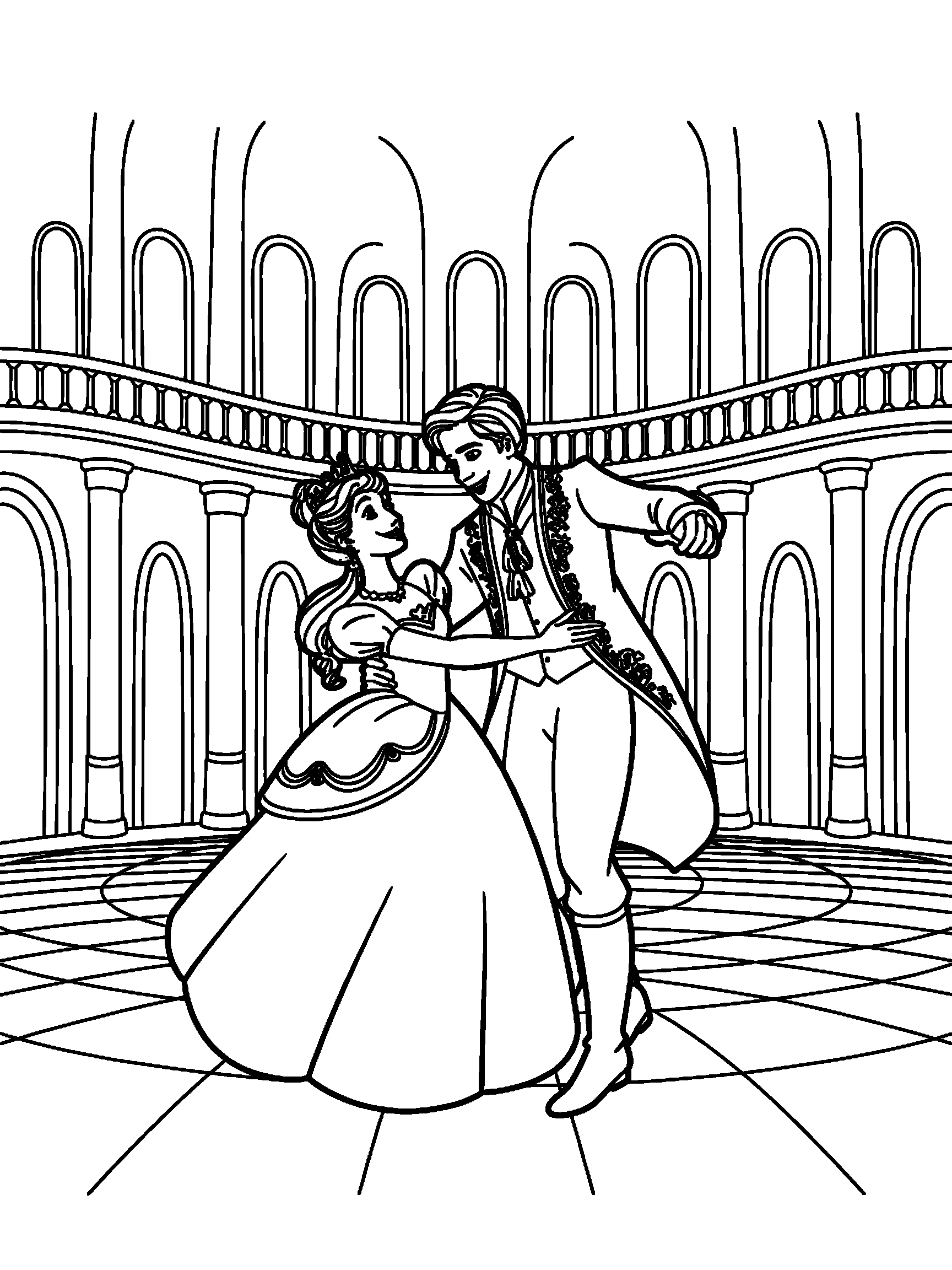 A princess and a prince dancing in the castle ballroom - a free printable princess coloring page