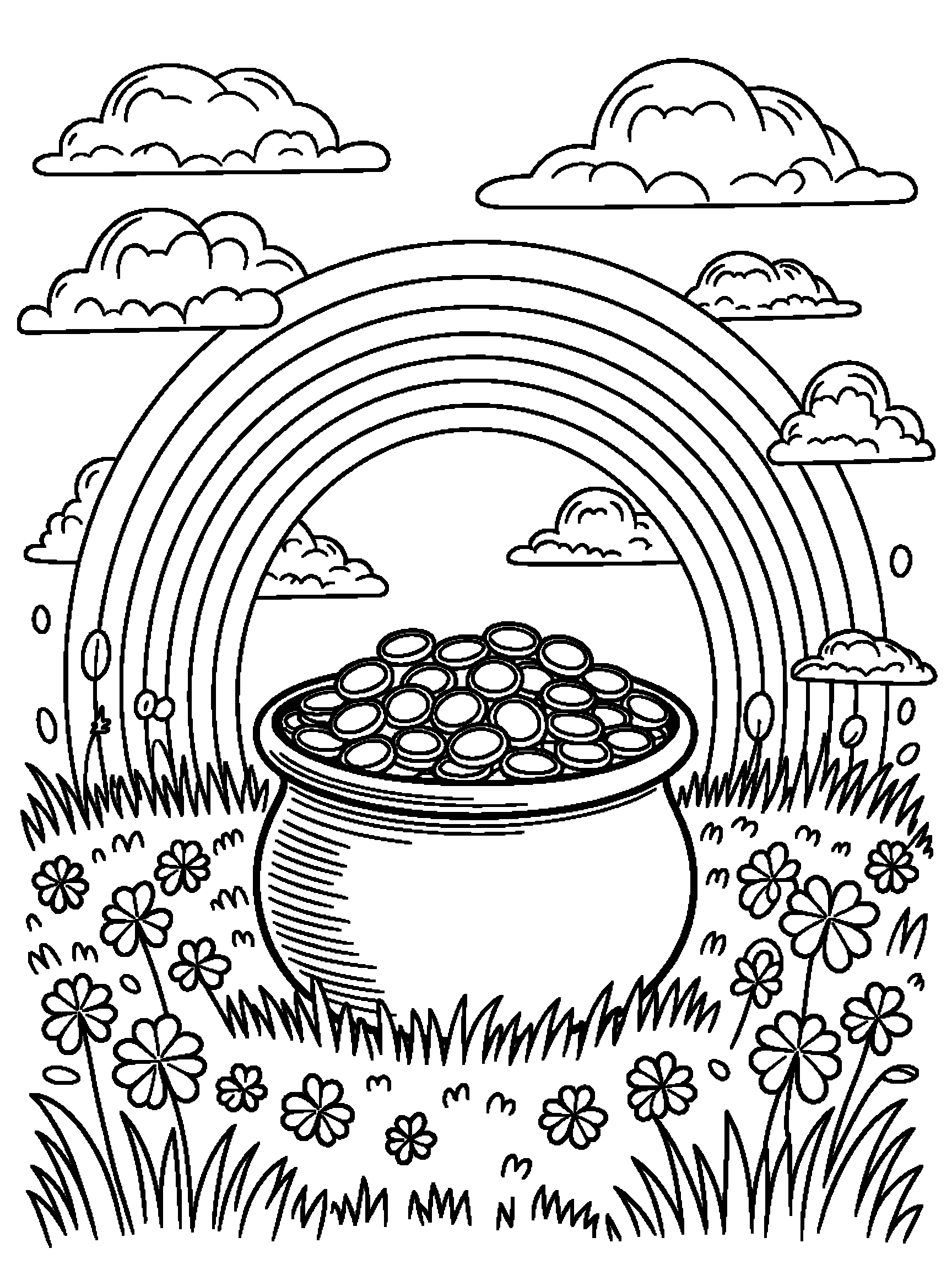 A rainbow ending in a pot of gold coins on the grass with clovers - a free printable rainbow coloring page