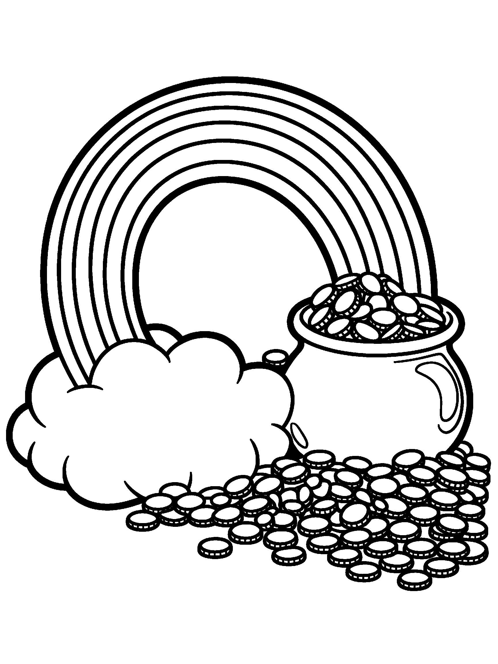 A rainbow ending in a pot of gold with a cloud and a few coins - a free printable rainbow coloring page