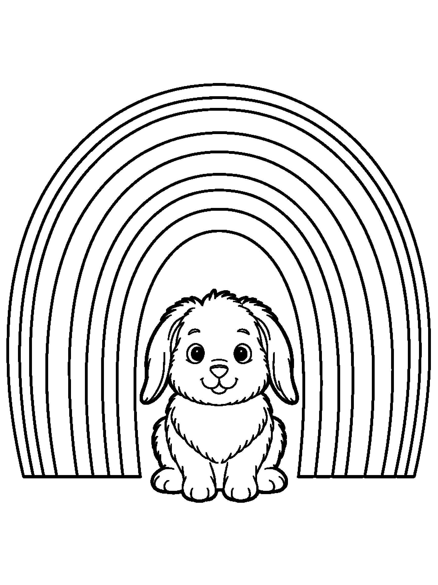 A big rainbow with a small bunny underneath - a free printable rainbows coloring page