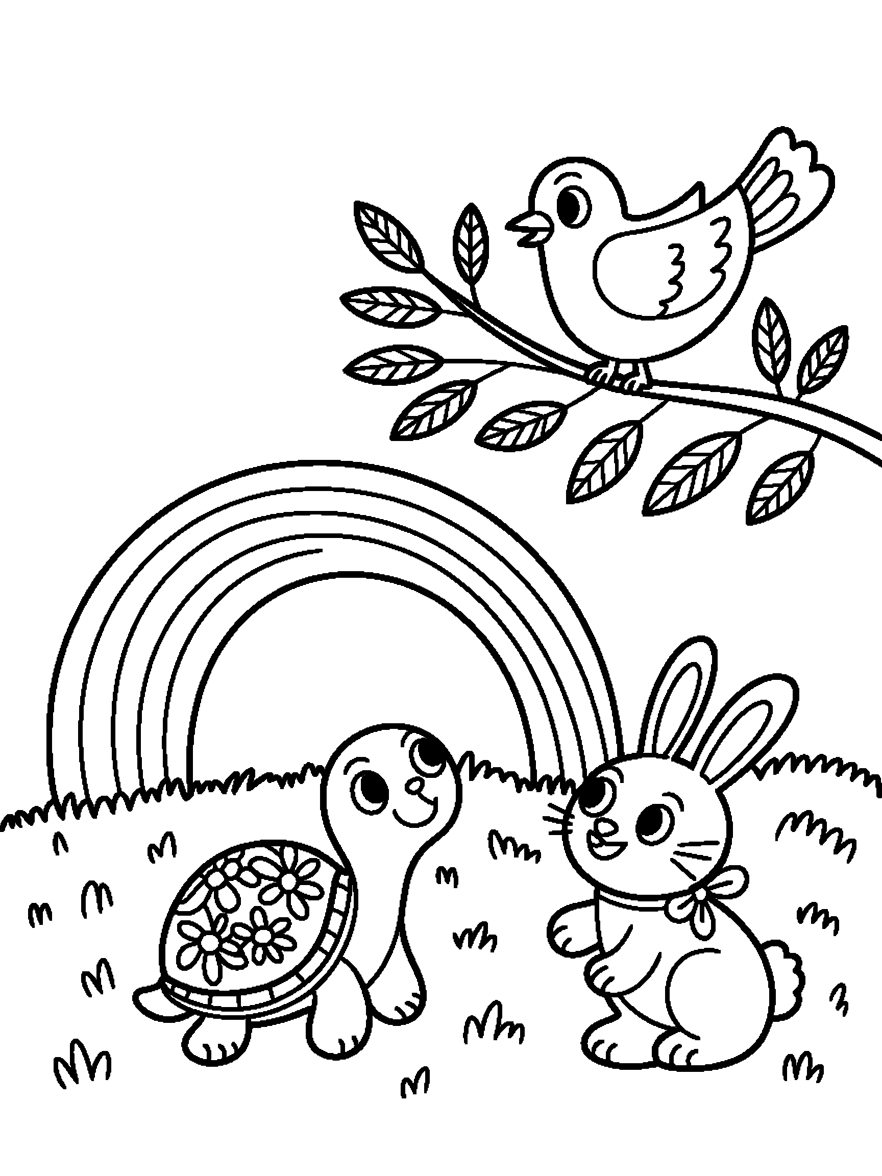 A rainbow arching over a turtle, a bunny and a bird - a free printable rainbow coloring page