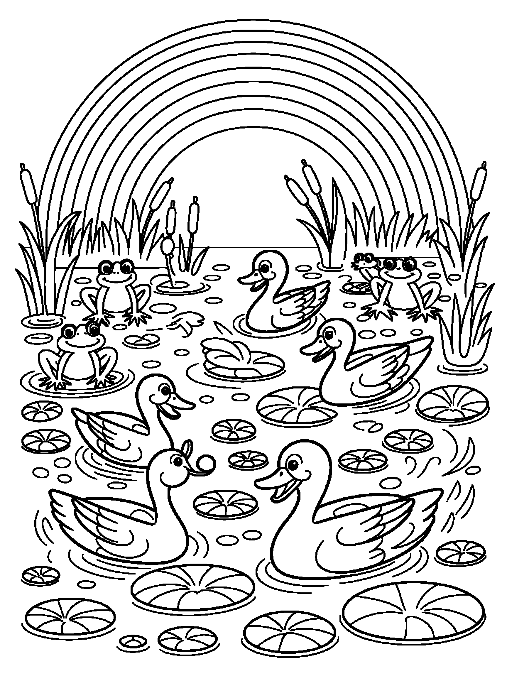 A rainbow over a pond with ducks, frogs, lily pads and cattails - a free printable rainbow coloring page