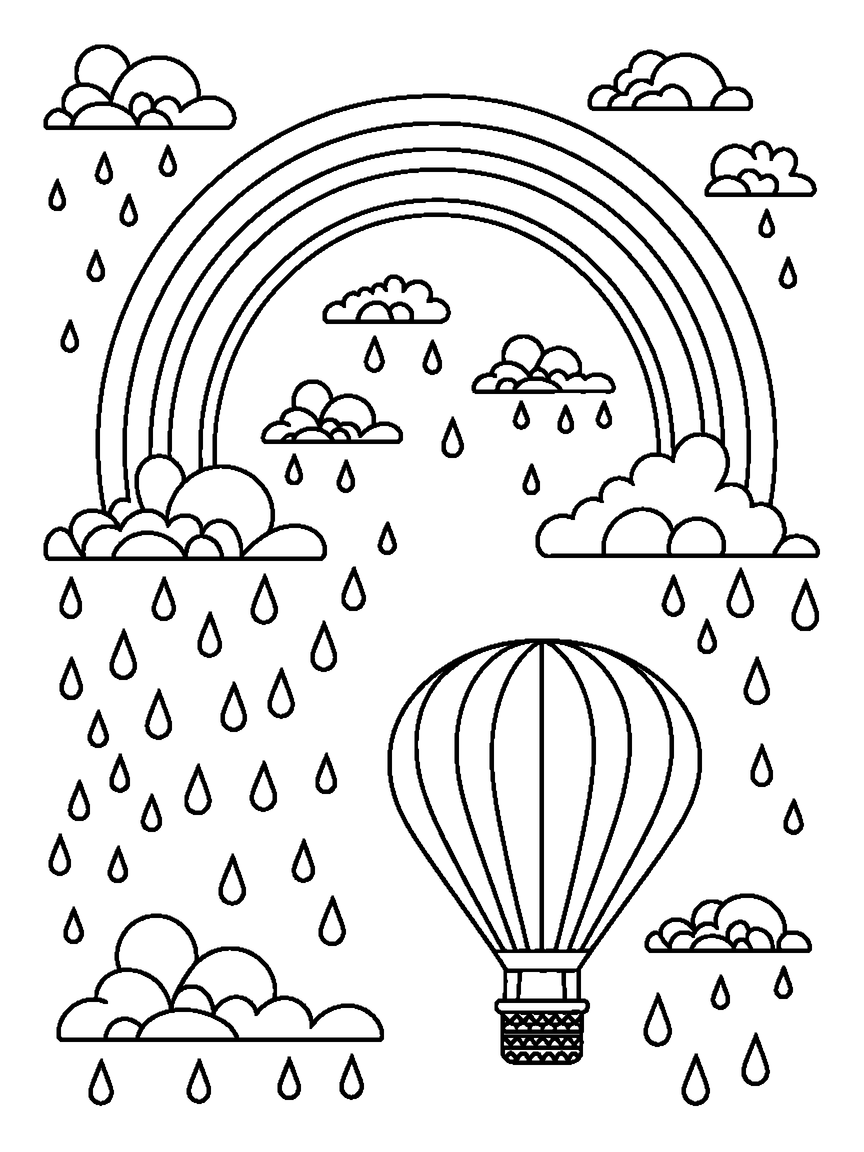 A rainbow across the sky with clouds, raindrops and a hot air balloon - a free printable rainbow coloring page