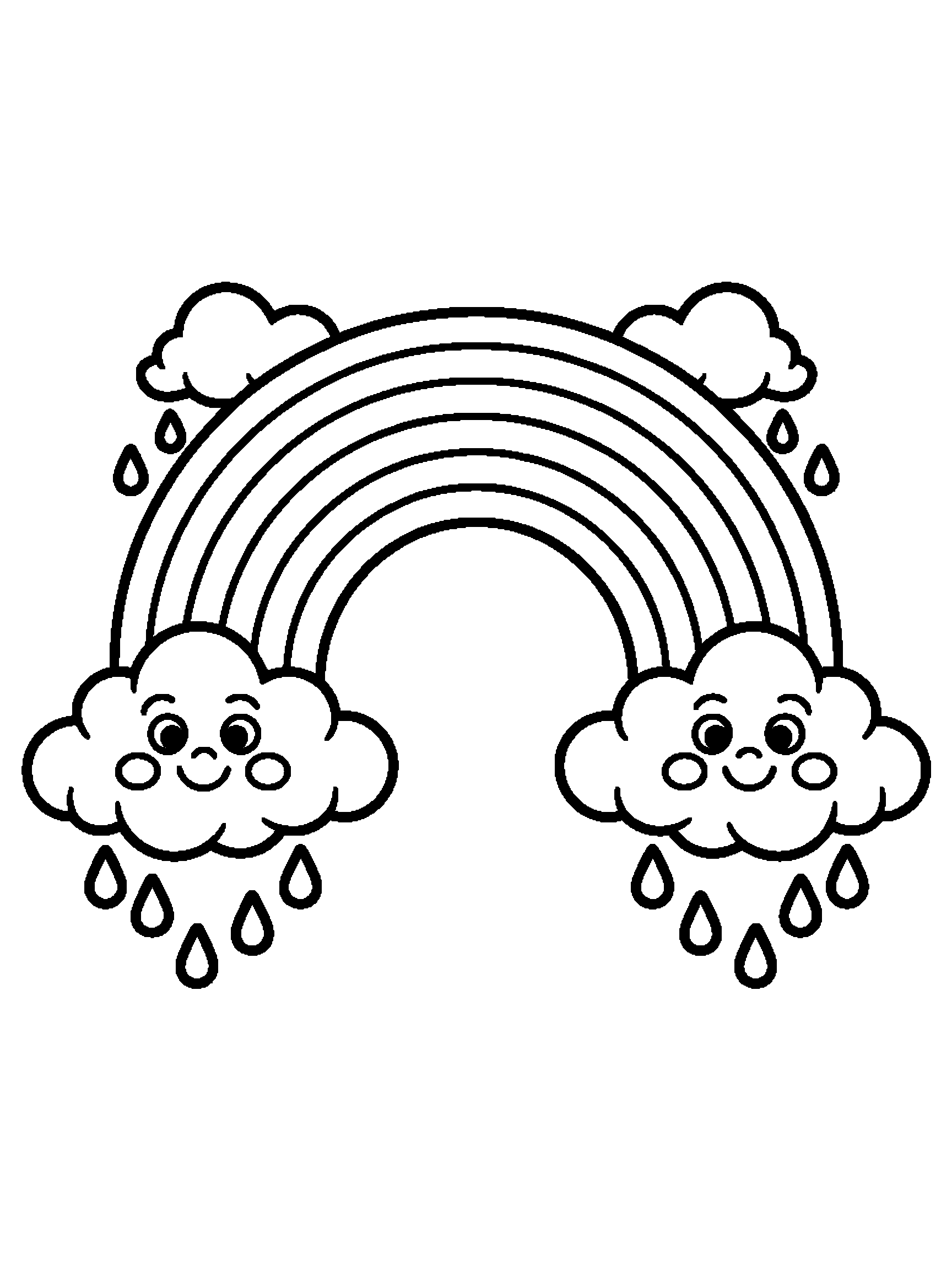 A rainbow held between two happy clouds with raindrops falling - a free printable rainbow coloring page