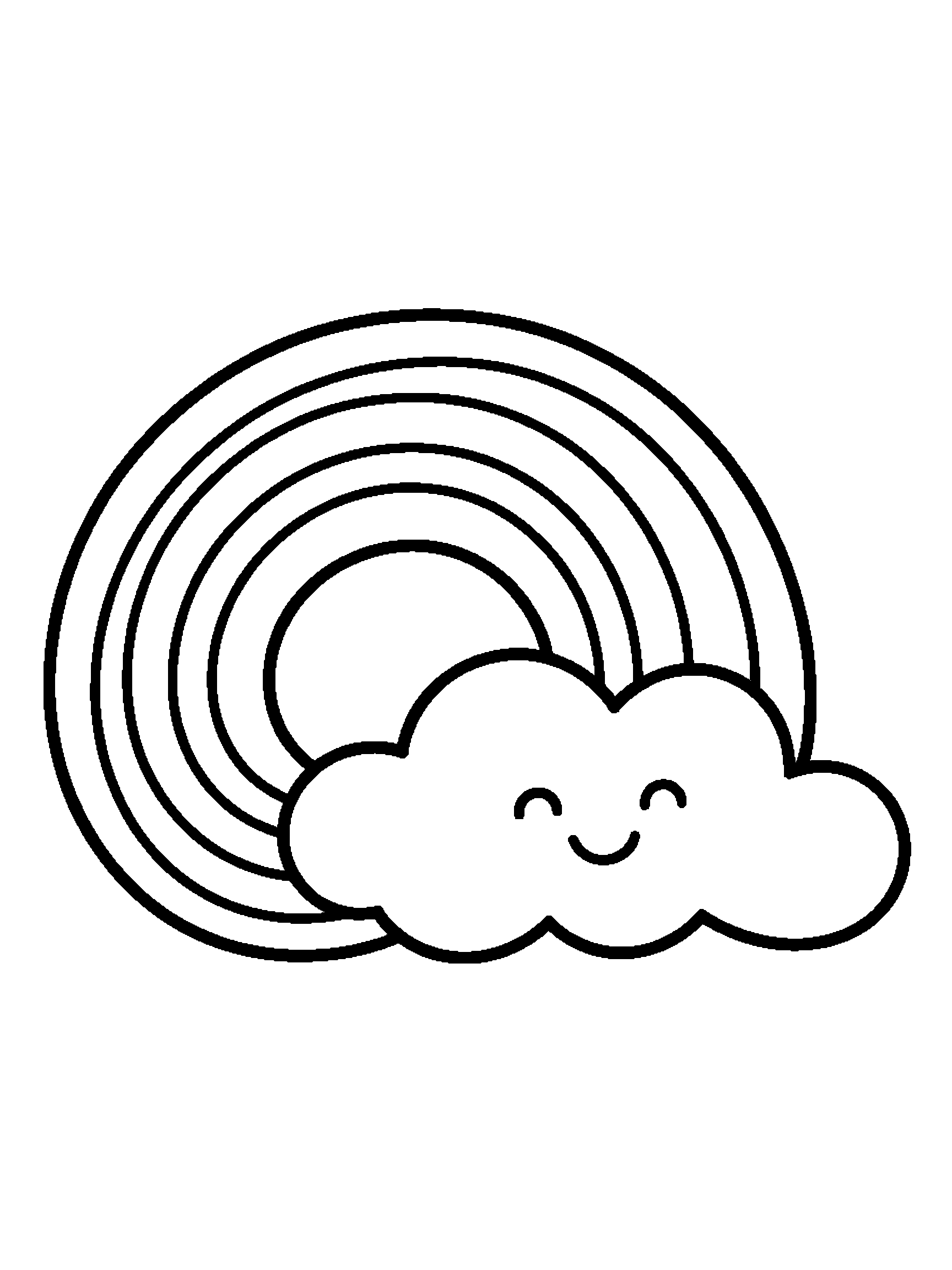 A rainbow resting on one smiling cloud - a free printable rainbows coloring page