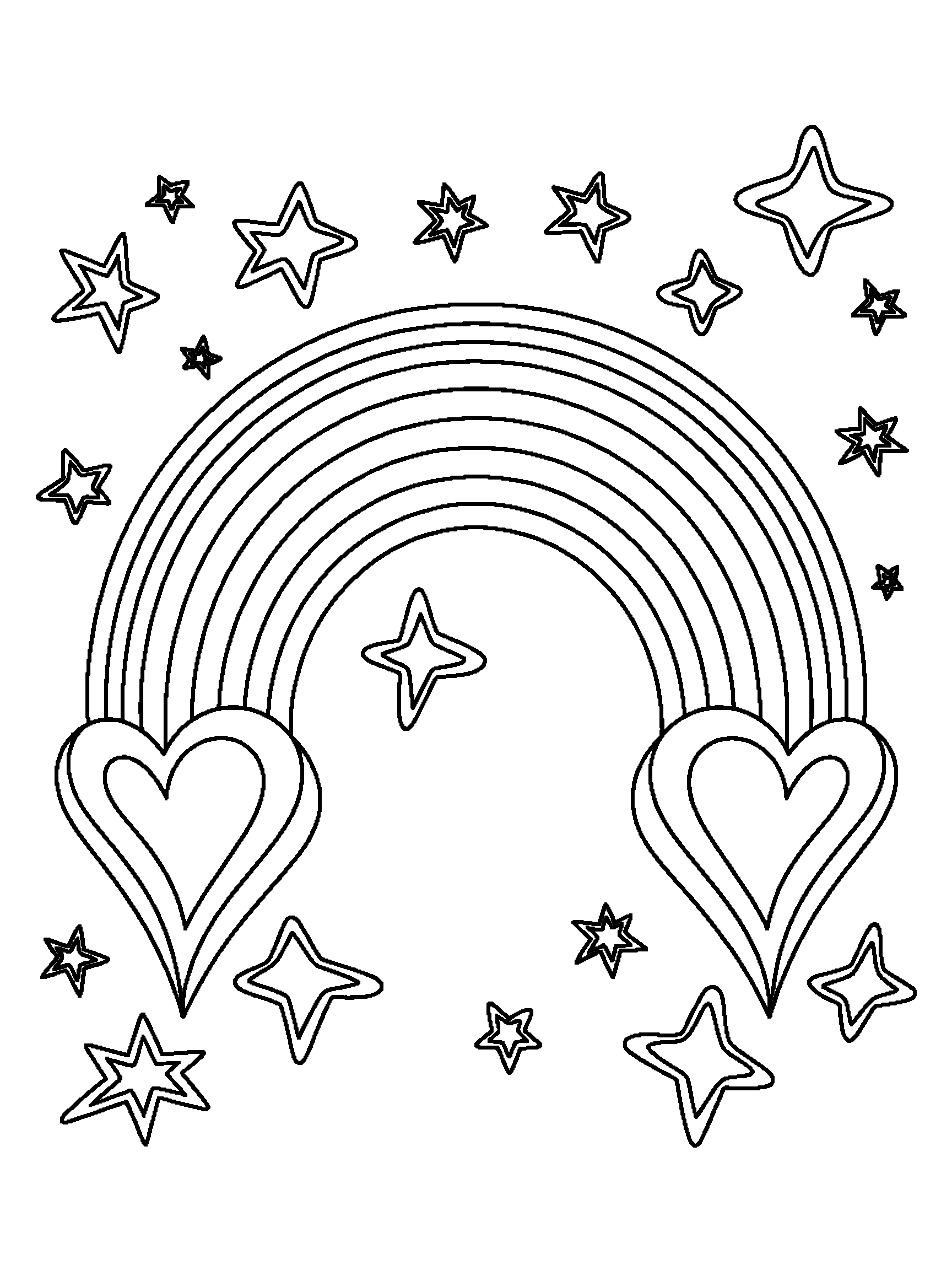 A big rainbow with a heart at each end and stars in the sky around it - a free printable rainbow coloring page