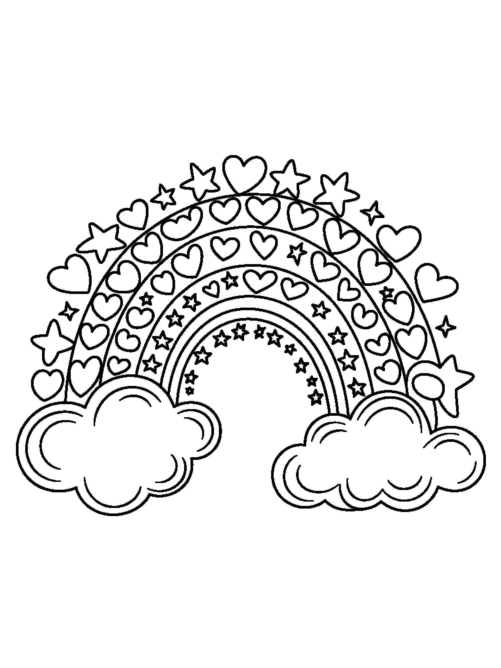 A rainbow made of hearts and stars - a free printable rainbow coloring page