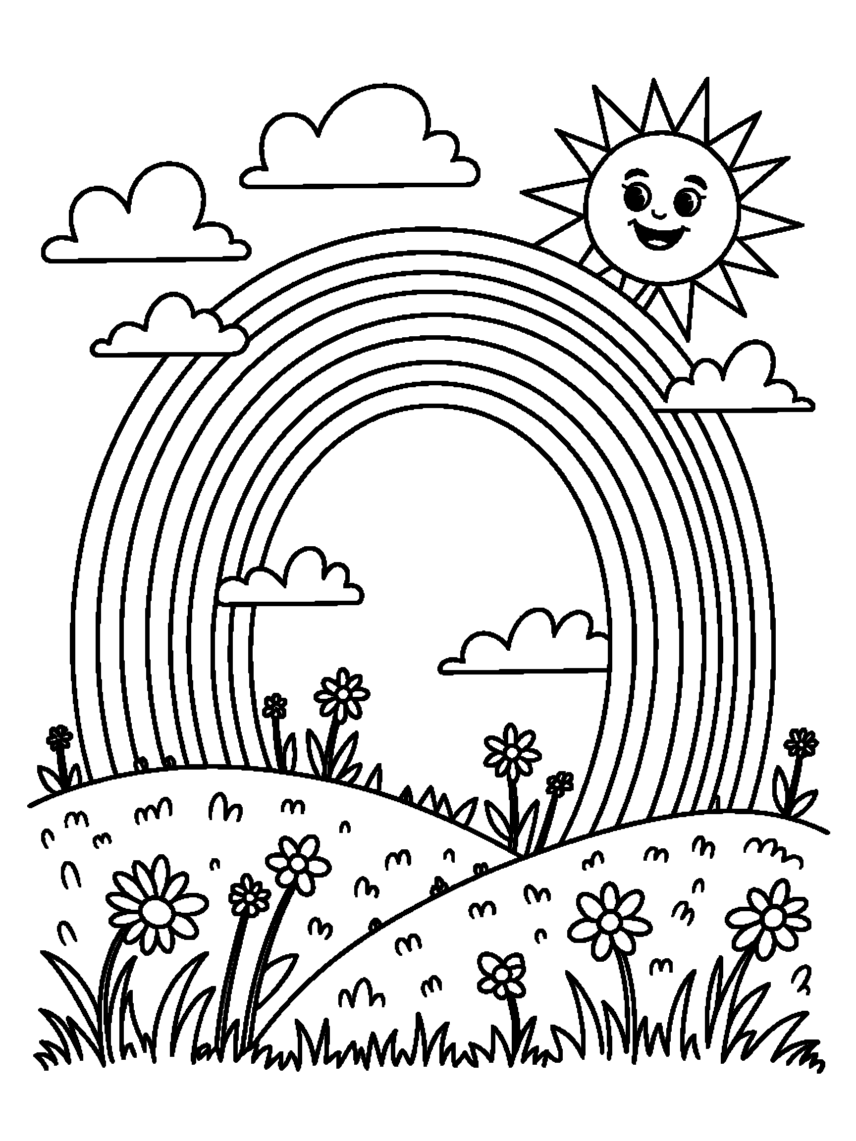 A rainbow over a grassy hill with a smiling sun - a free printable rainbow coloring page