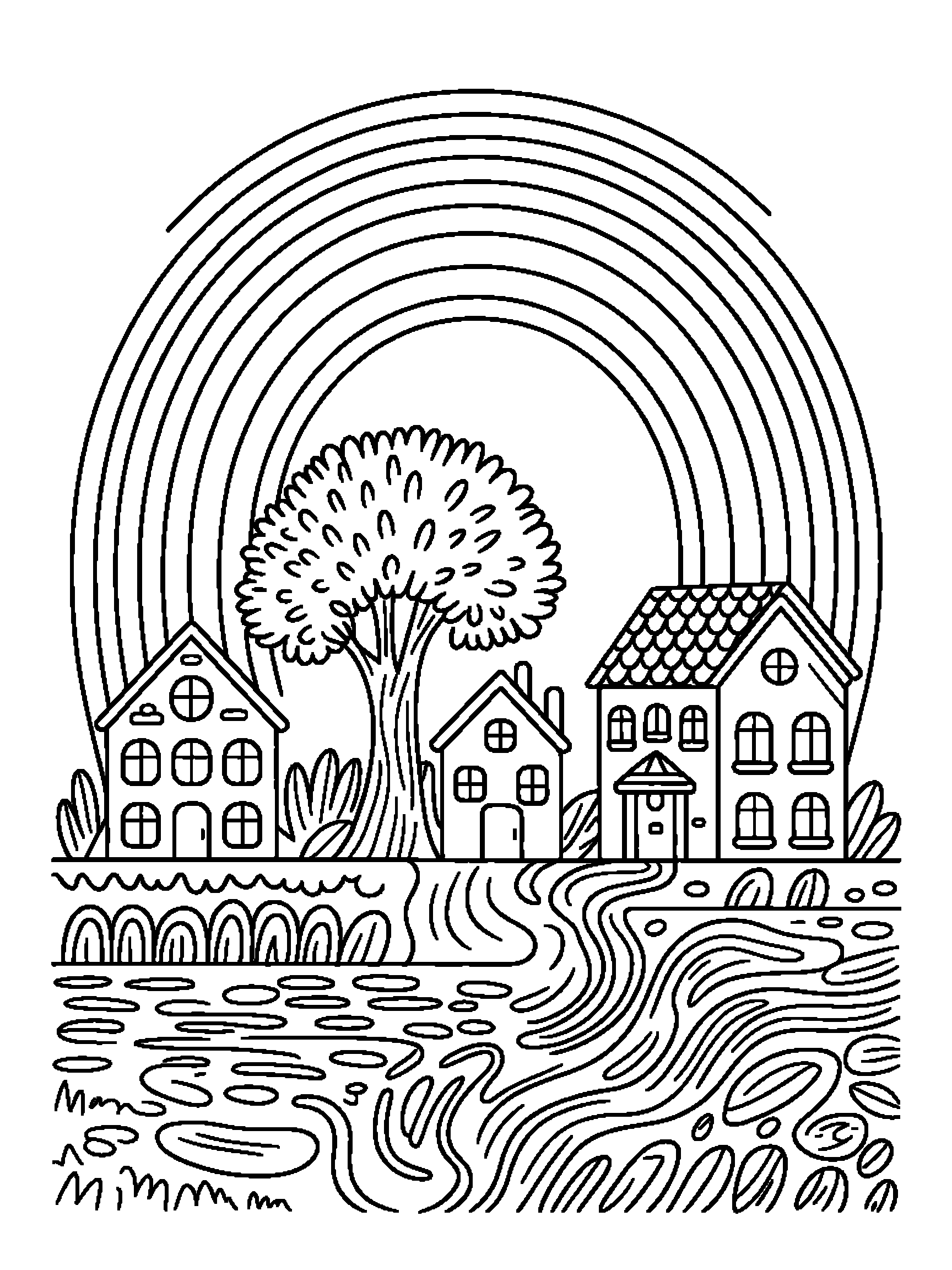 A rainbow over three houses, a big tree and a river - a free printable rainbow coloring page