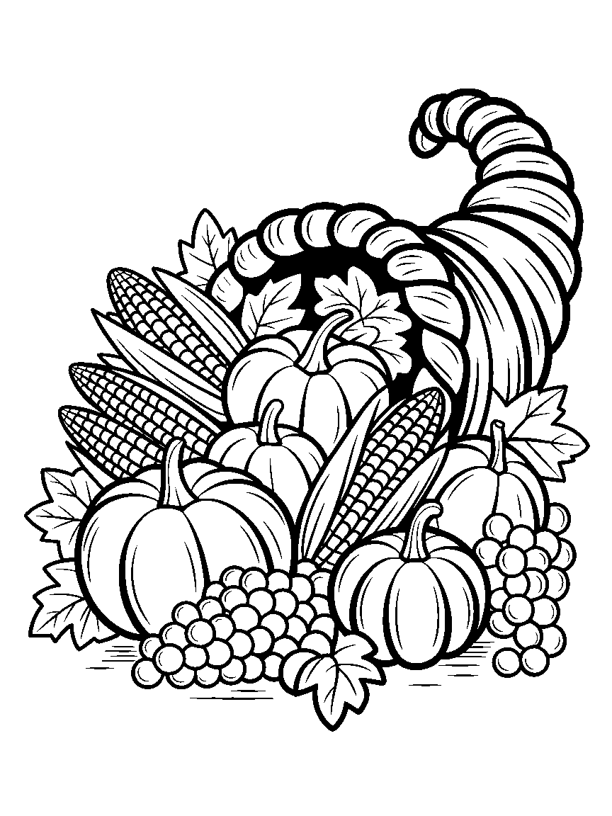 A cornucopia spilling pumpkins, corn and grapes - a free printable thanksgiving coloring page