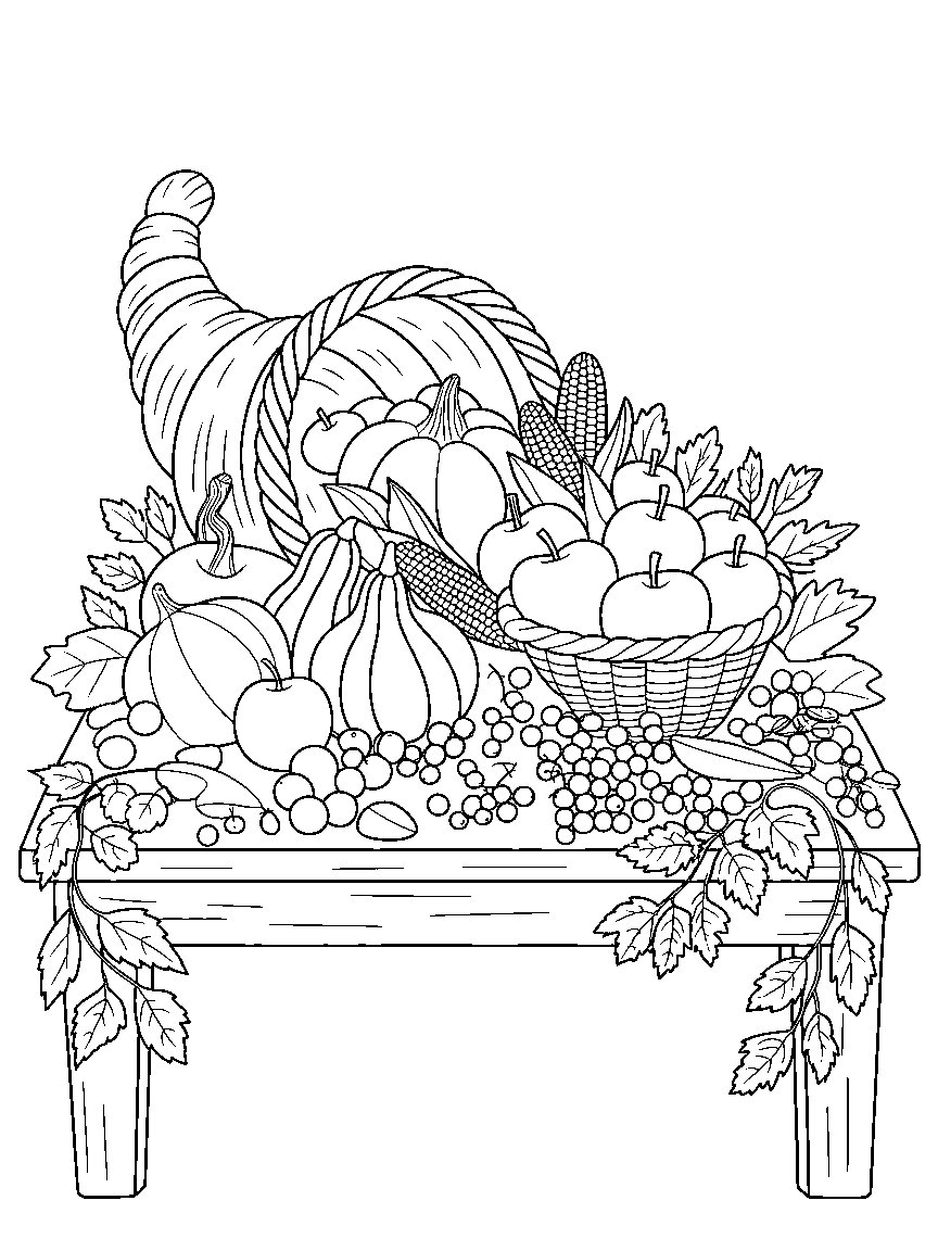A harvest table with a cornucopia, gourds, corn and a basket of apples - a free printable thanksgiving coloring page