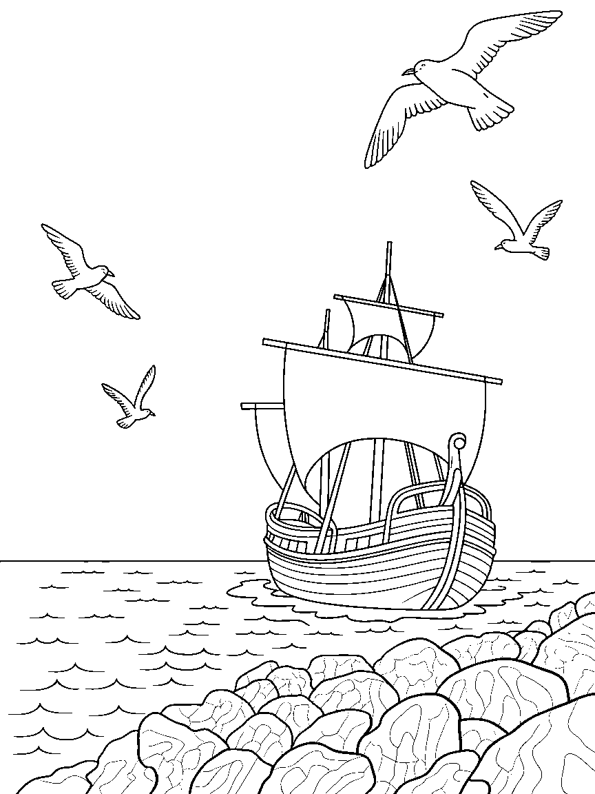 The Mayflower arriving at a rocky shore with seagulls overhead - a free printable thanksgiving coloring page