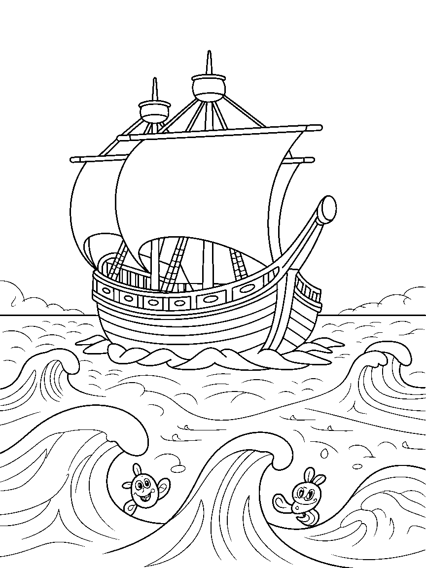 The Mayflower sailing across big ocean waves - a free printable thanksgiving coloring page