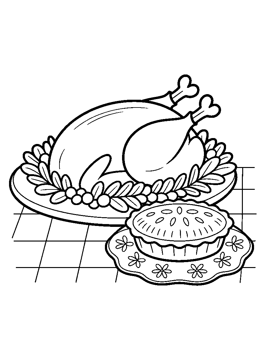 A roast turkey on a platter with a pie beside it - a free printable thanksgiving coloring page
