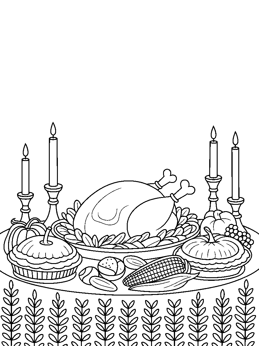 The Thanksgiving table set with turkey, pies, corn and candles - a free printable thanksgiving coloring page