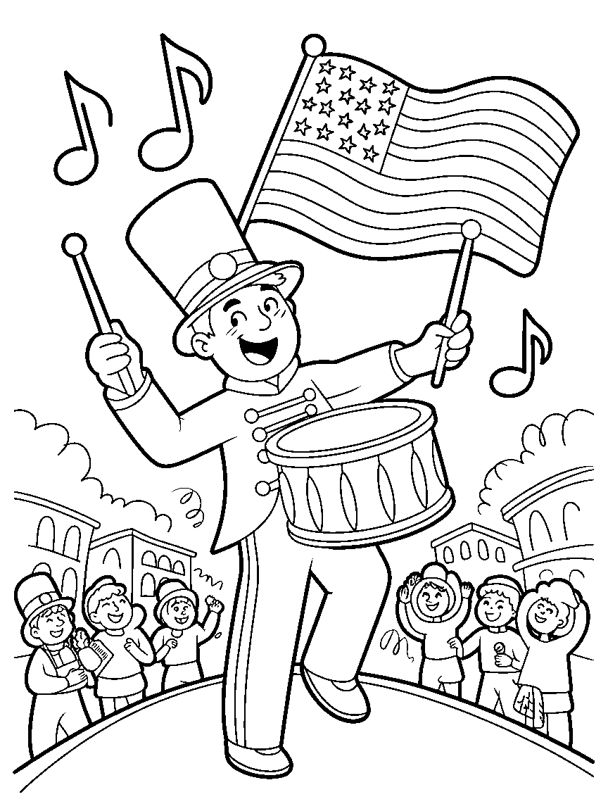A marching band drummer in the Thanksgiving parade - a free printable thanksgiving coloring page
