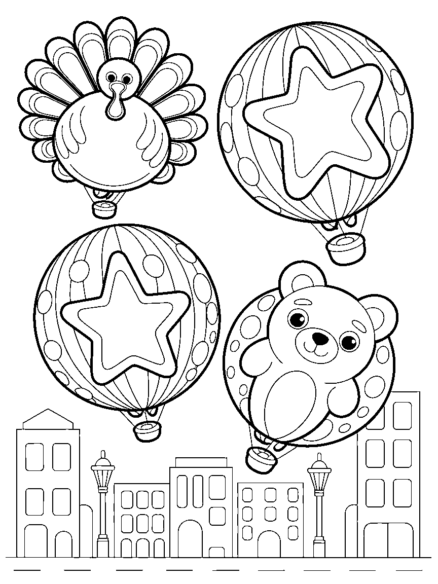 Giant parade balloons, a turkey, two stars and a bear, floating above a city street - a free printable thanksgiving coloring page
