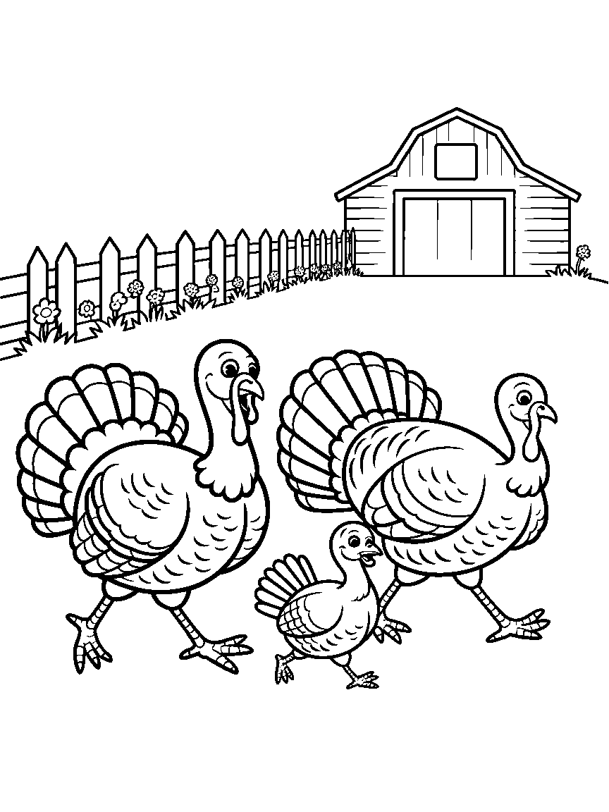 A turkey family walking past the barn and fence - a free printable thanksgiving coloring page