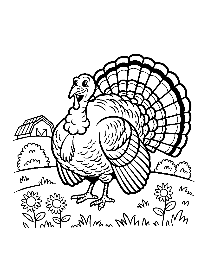 A turkey showing off its tail feathers in the farmyard - a free printable thanksgiving coloring page