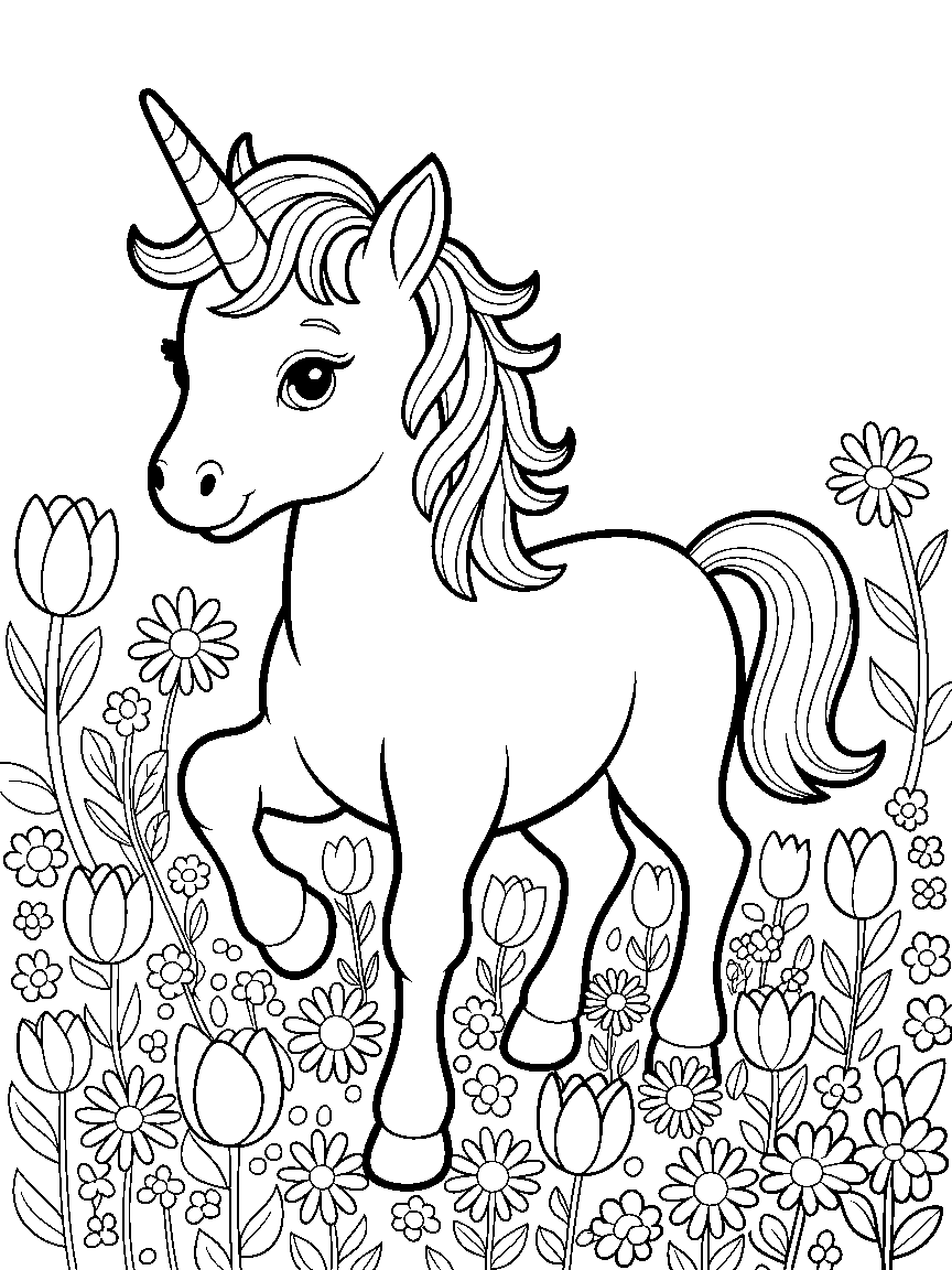 A baby unicorn in a meadow of flowers - a free printable unicorns coloring page