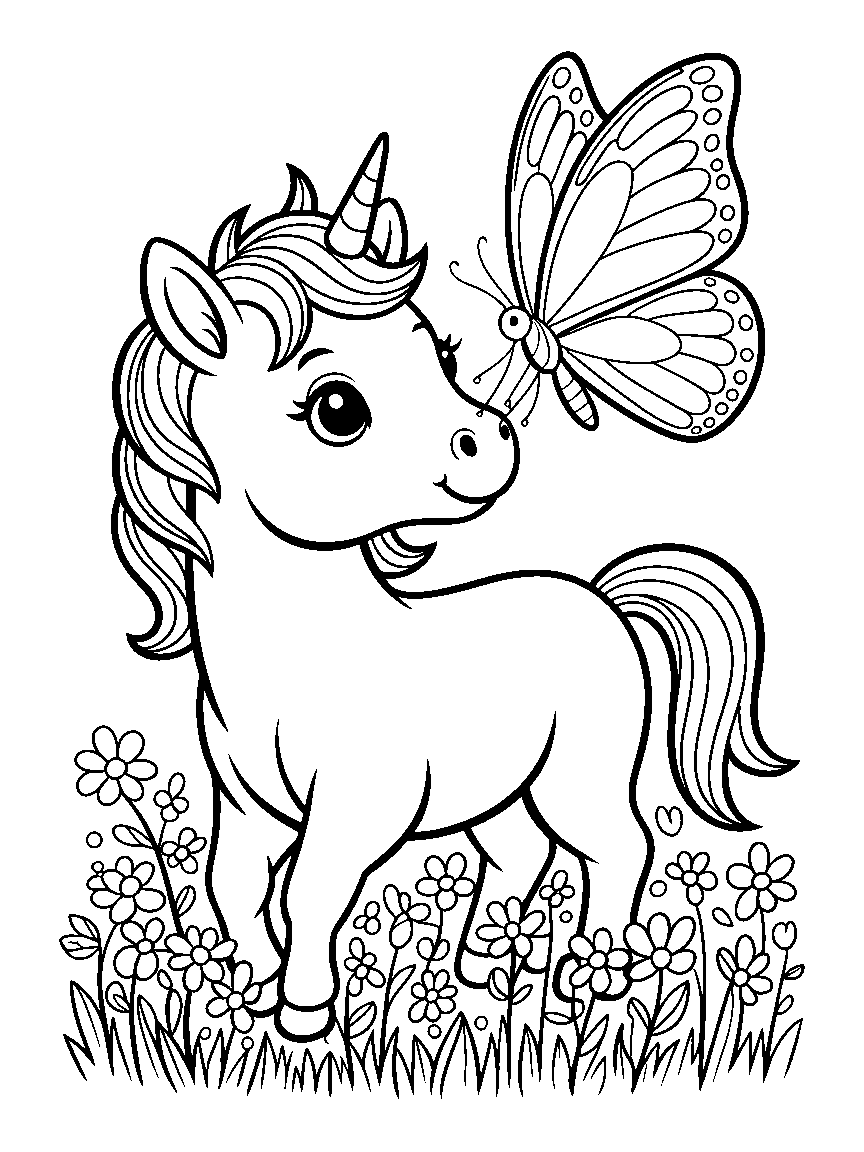 A baby unicorn with a butterfly on its nose - a free printable unicorns coloring page