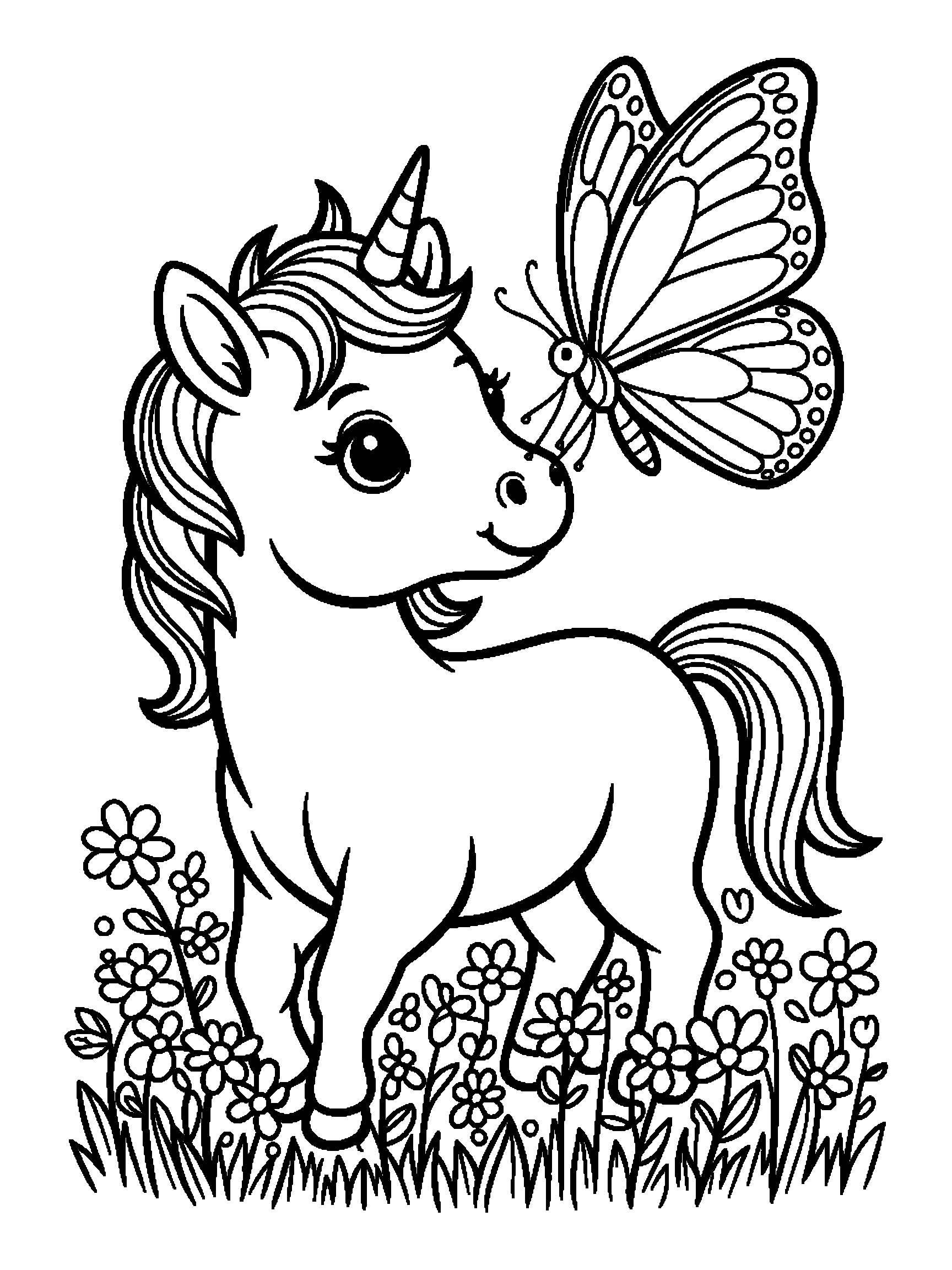 A baby unicorn with a butterfly on its nose - a free printable cute coloring page