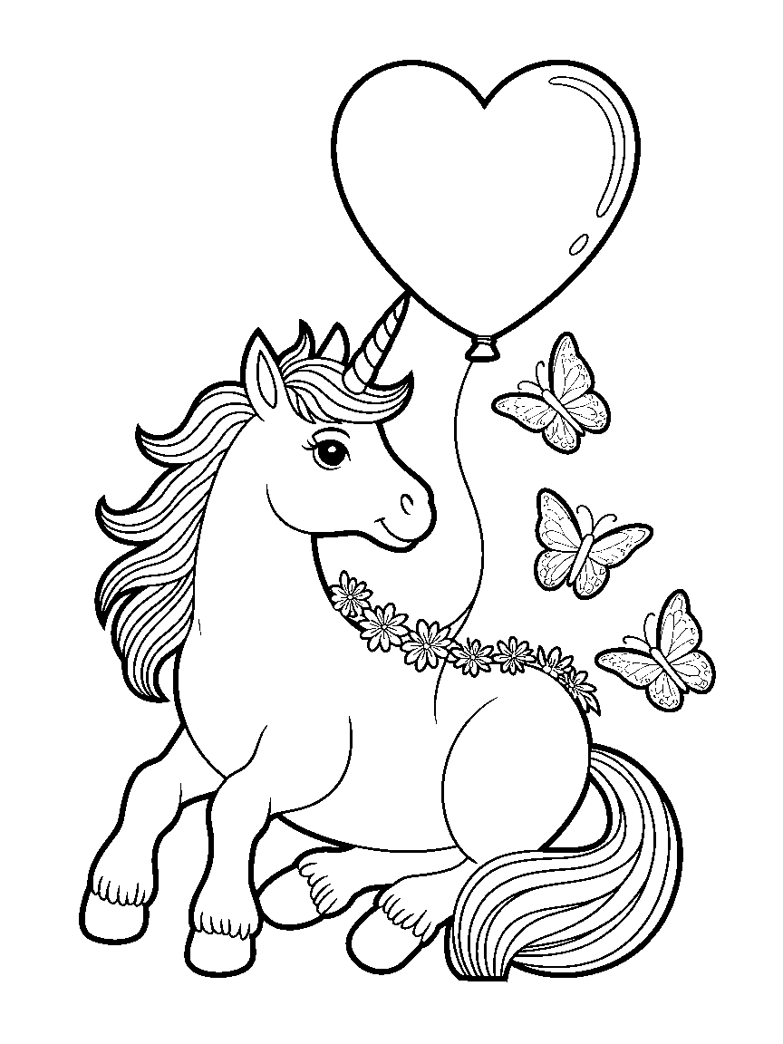 A sitting unicorn holding a heart - a free printable unicorns coloring page