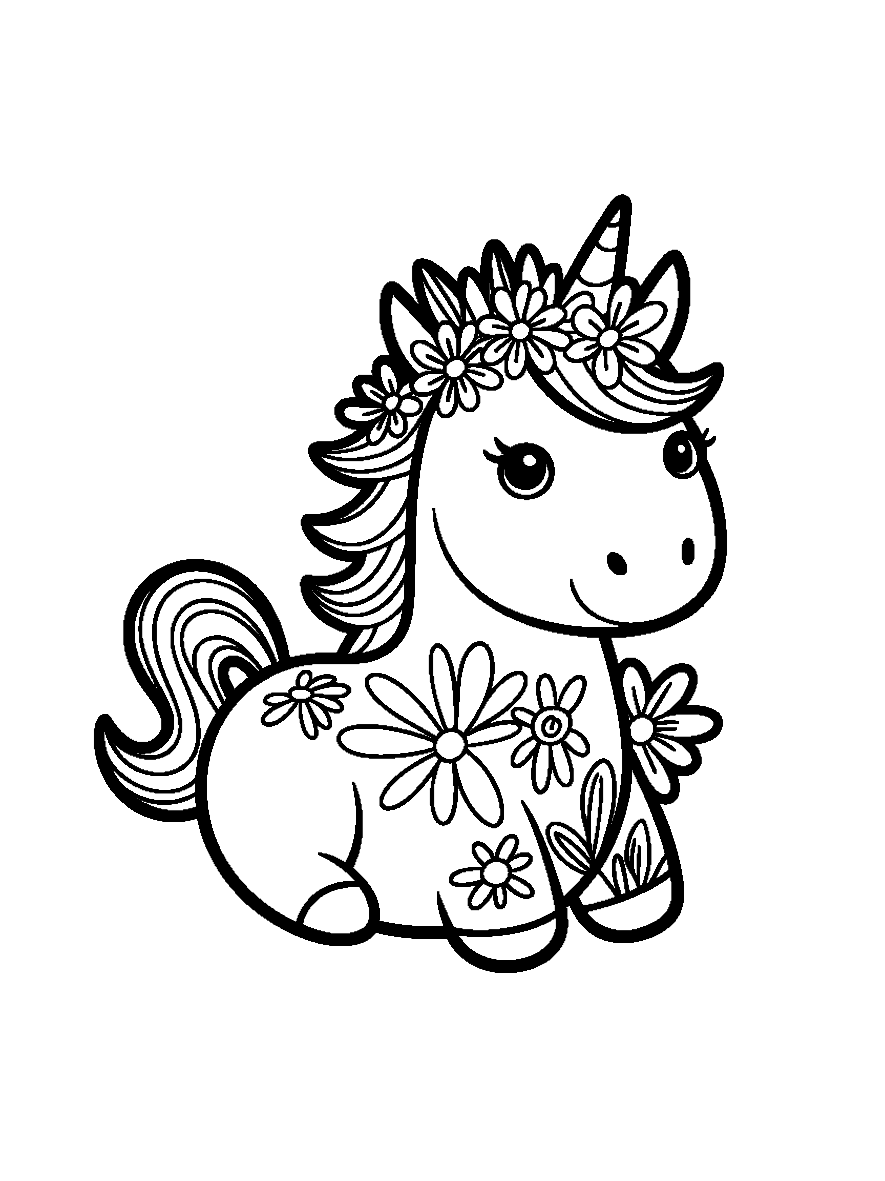 One unicorn wearing a flower crown - a free printable unicorns coloring page