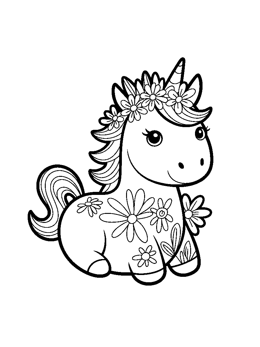 One unicorn wearing a flower crown - a free printable unicorns coloring page