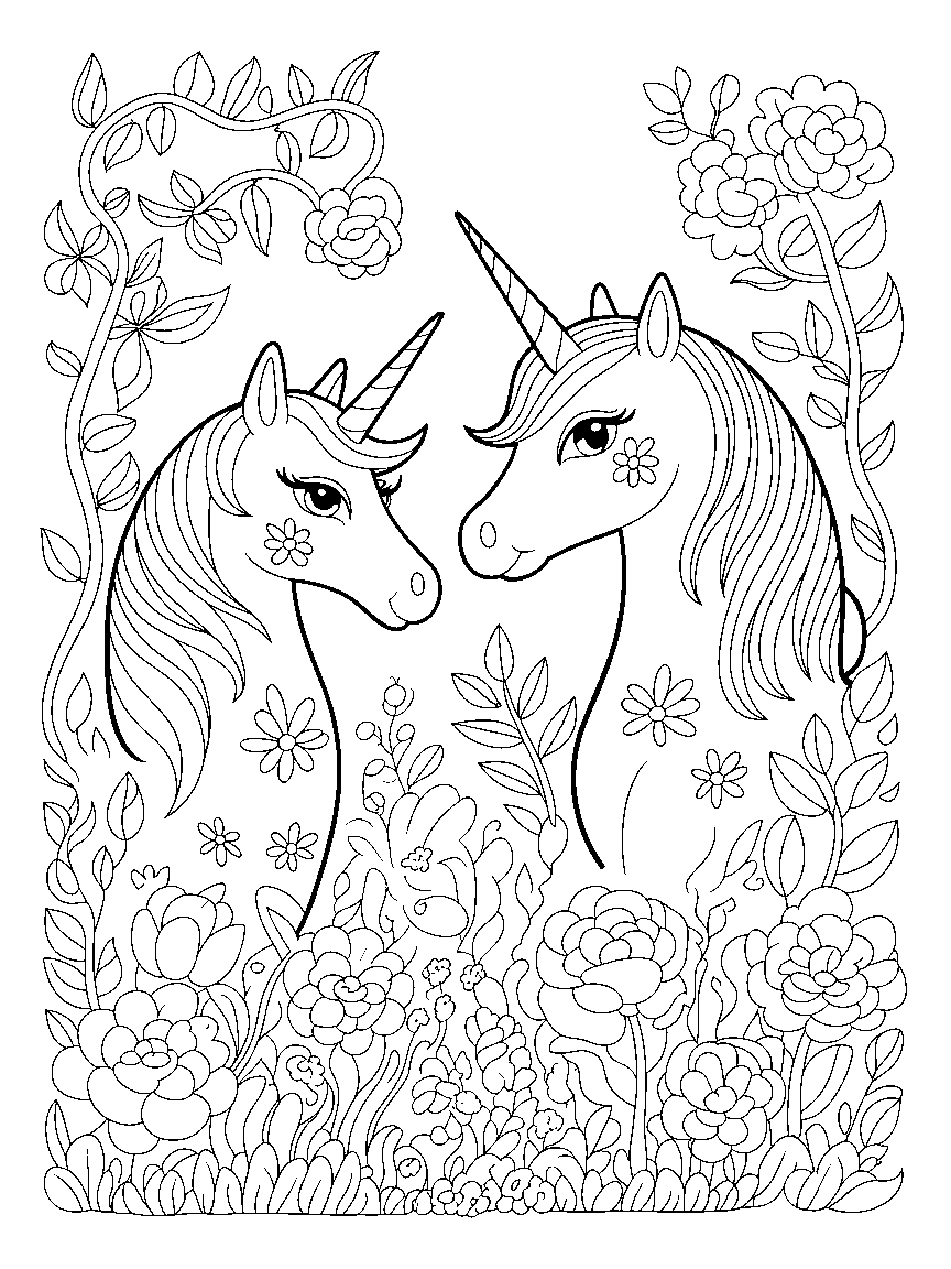 Two unicorns nose to nose in a garden - a free printable unicorns coloring page