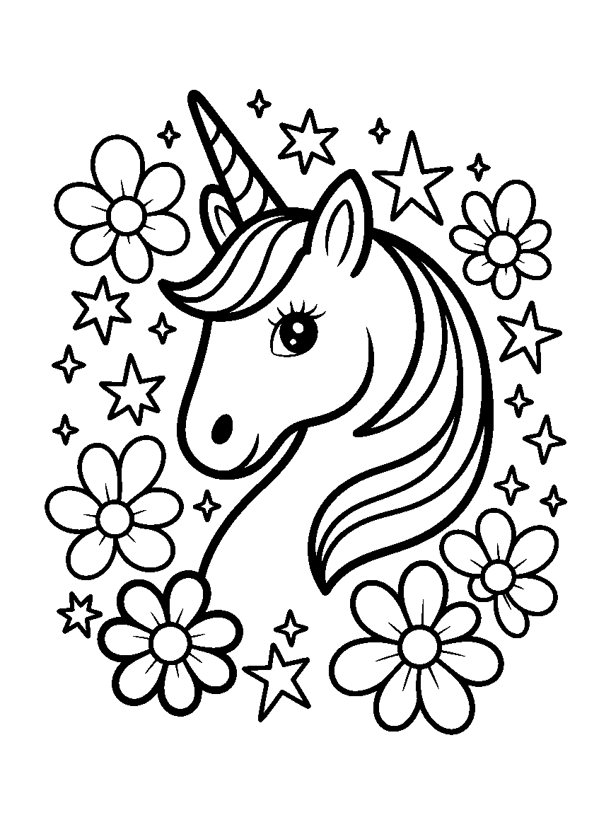 A unicorn face framed by flowers and stars - a free printable unicorns coloring page