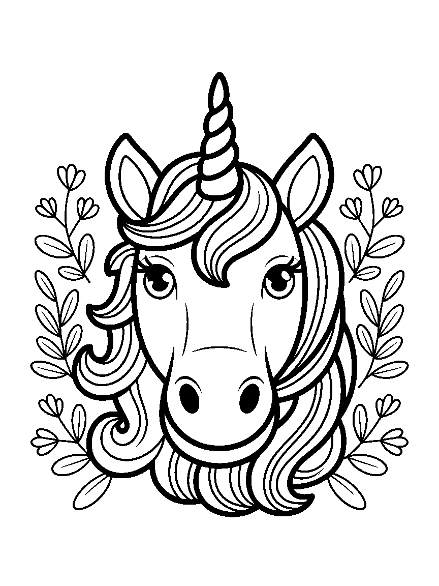 A unicorn face with a curly mane - a free printable unicorns coloring page