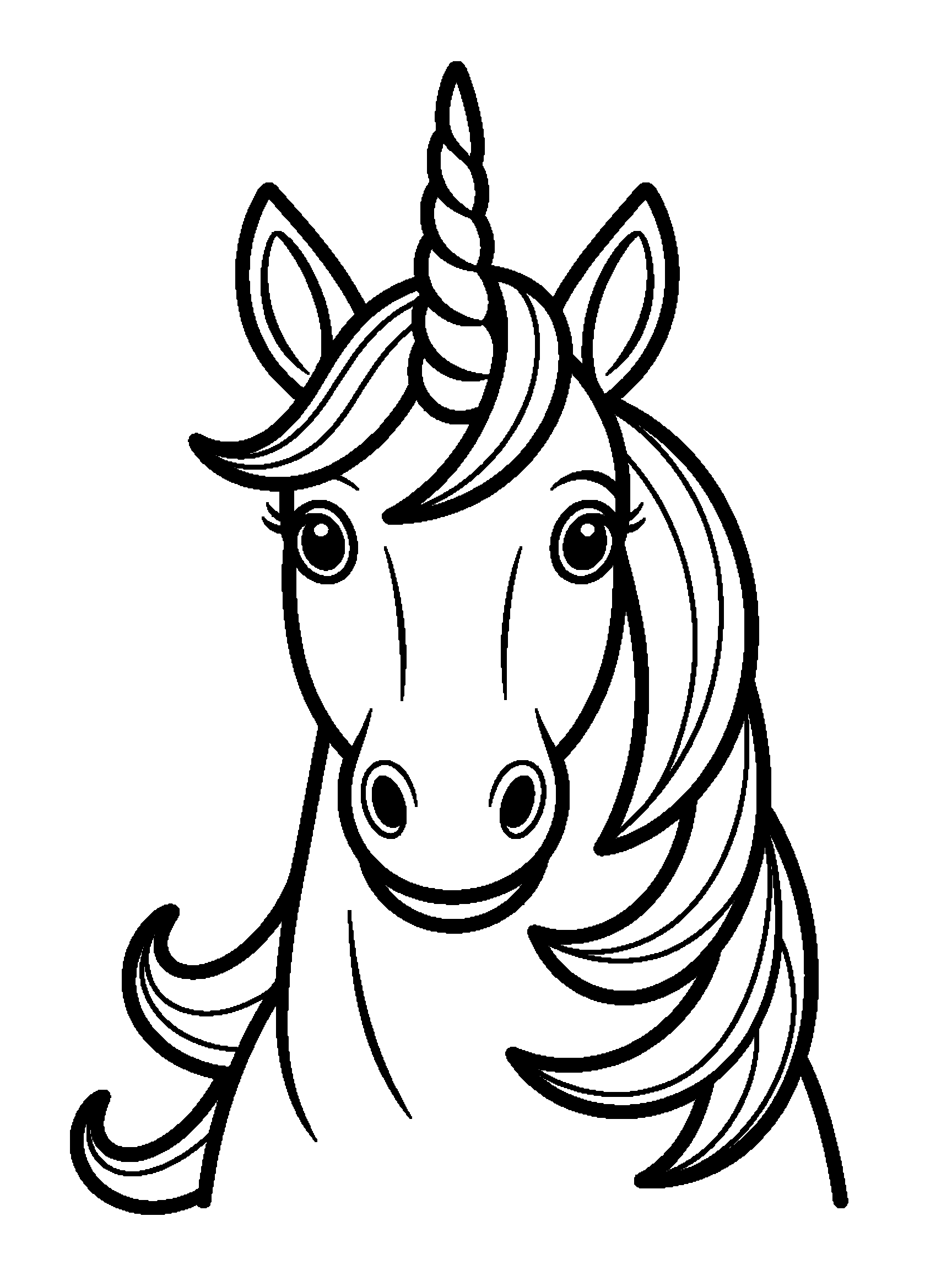 One unicorn head with a big horn - a free printable unicorns coloring page