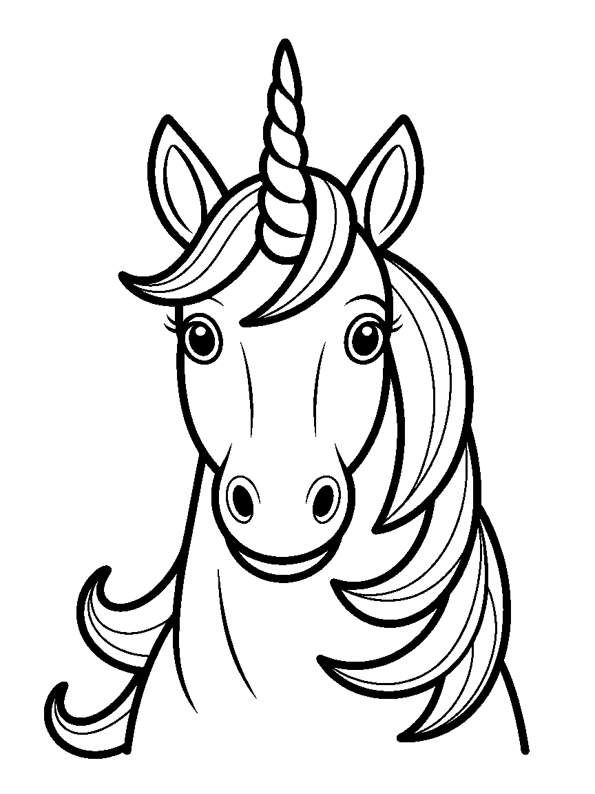 One unicorn head with a big horn - a free printable unicorns coloring page