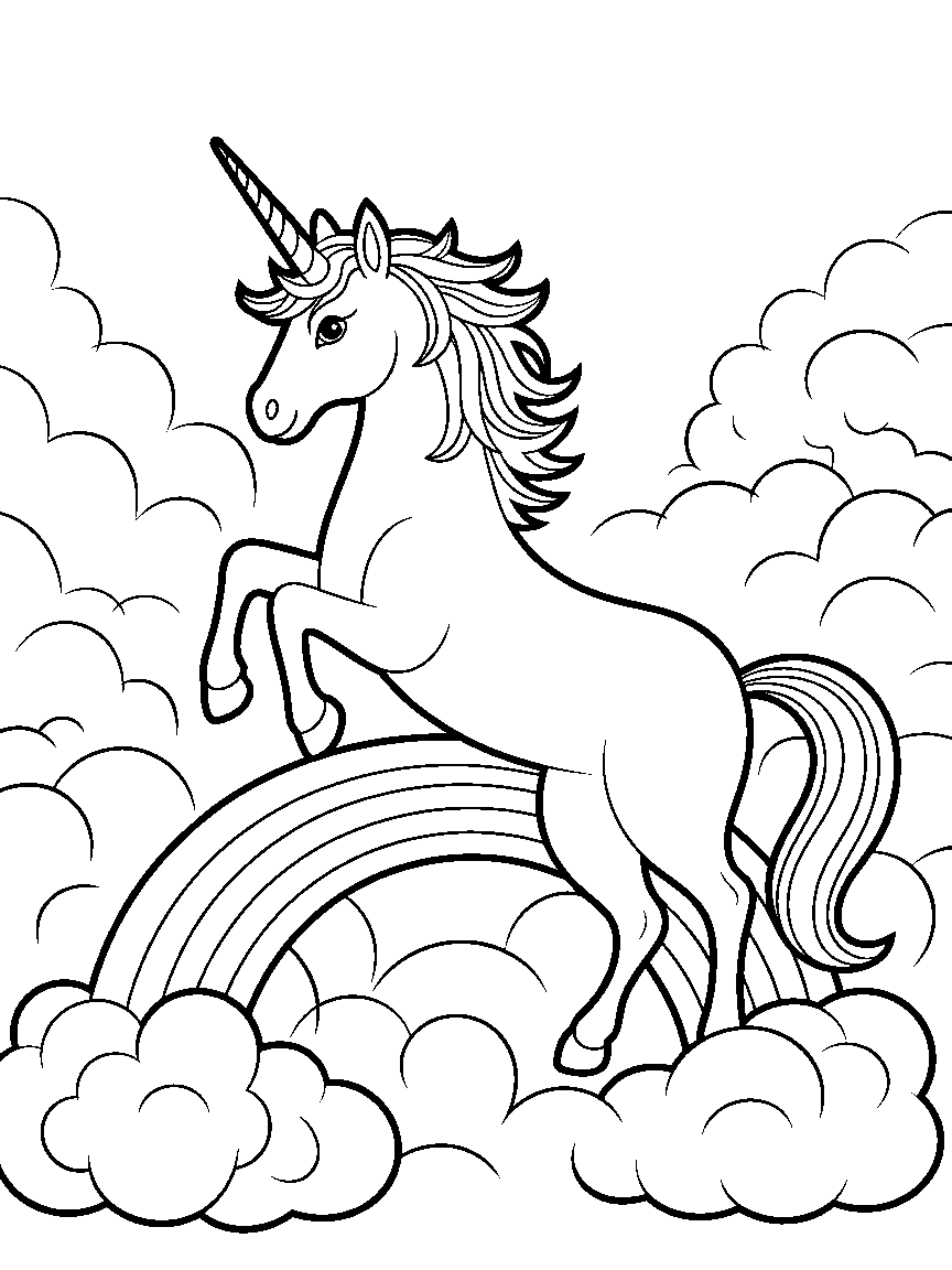 A unicorn on a rainbow above the clouds - a free printable unicorns coloring page